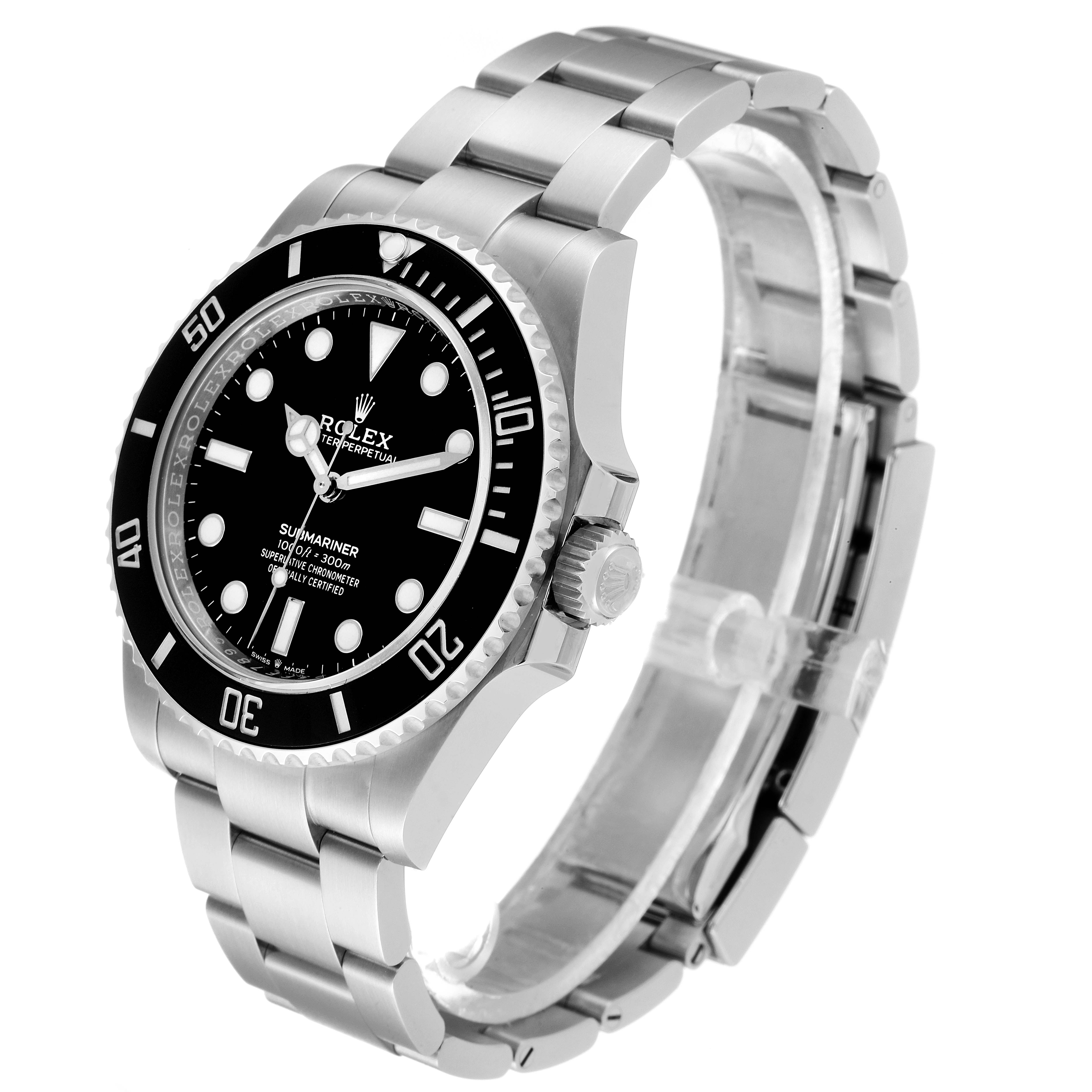 This image shows a Rolex Submariner 124060 Men
s Stainless Steel Black Dial 124060 Men
s Stainless Steel Black Dial watch at a three-quarter angle, highlighting its face, bezel, crown, and bracelet.