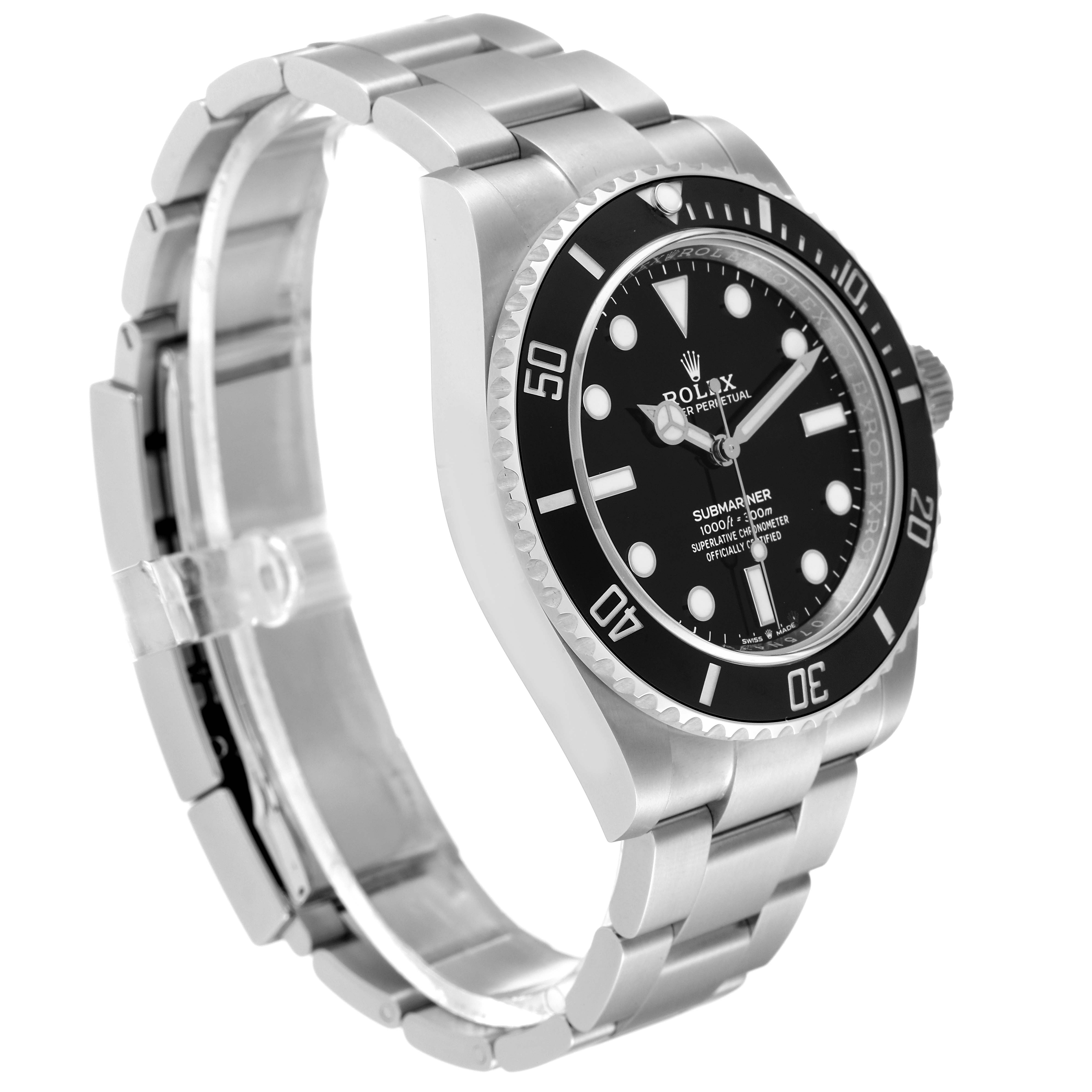 The image shows a Rolex Submariner 124060 Men
s Stainless Steel Black Dial 124060 Men
s Stainless Steel Black Dial watch at an angled side view, highlighting the dial, bezel, and bracelet.
