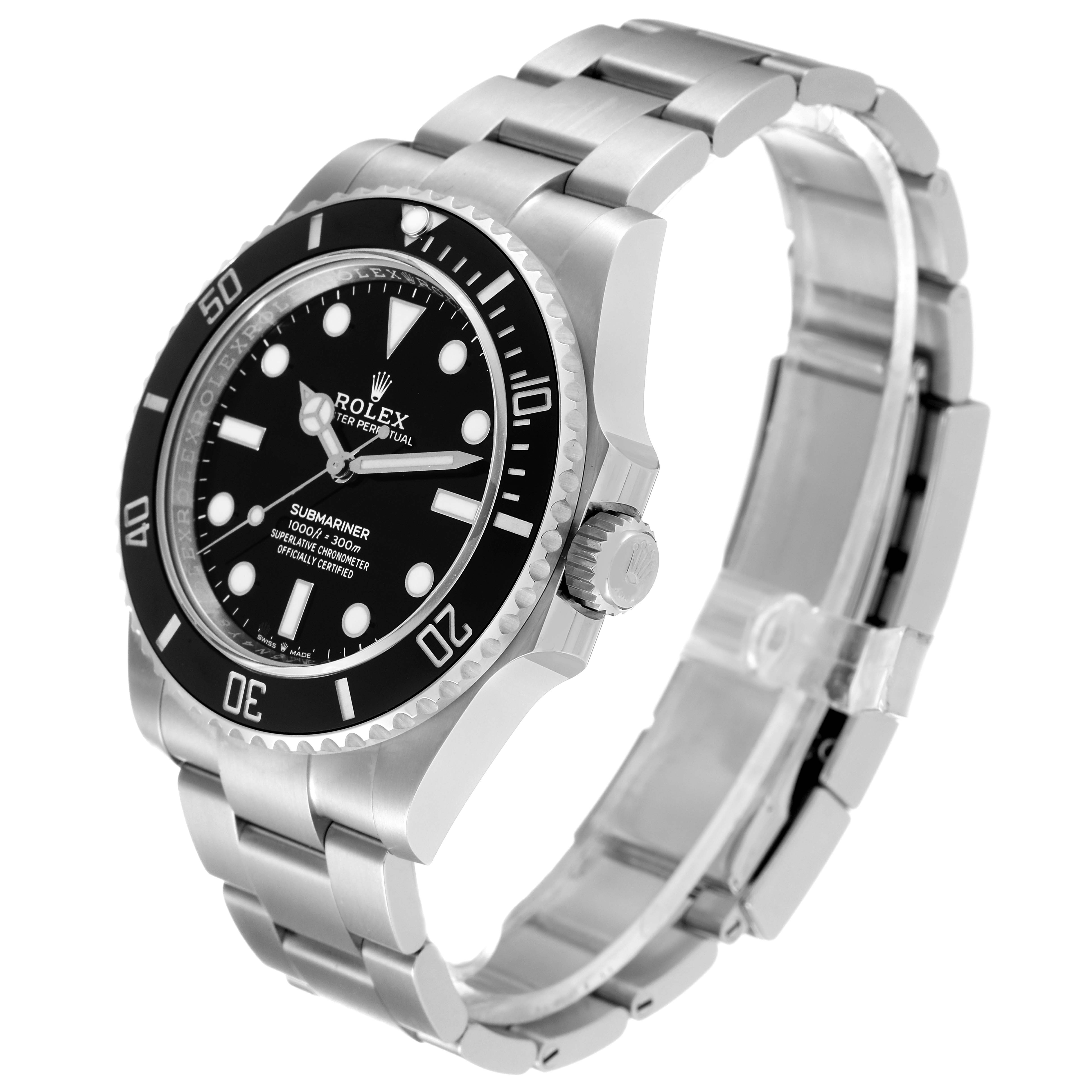 This image shows a Rolex Submariner 124060 Men
s Stainless Steel Black Dial 124060 Men
s Stainless Steel Black Dial watch angled slightly to the right, highlighting the bezel, dial, bracelet, and crown.