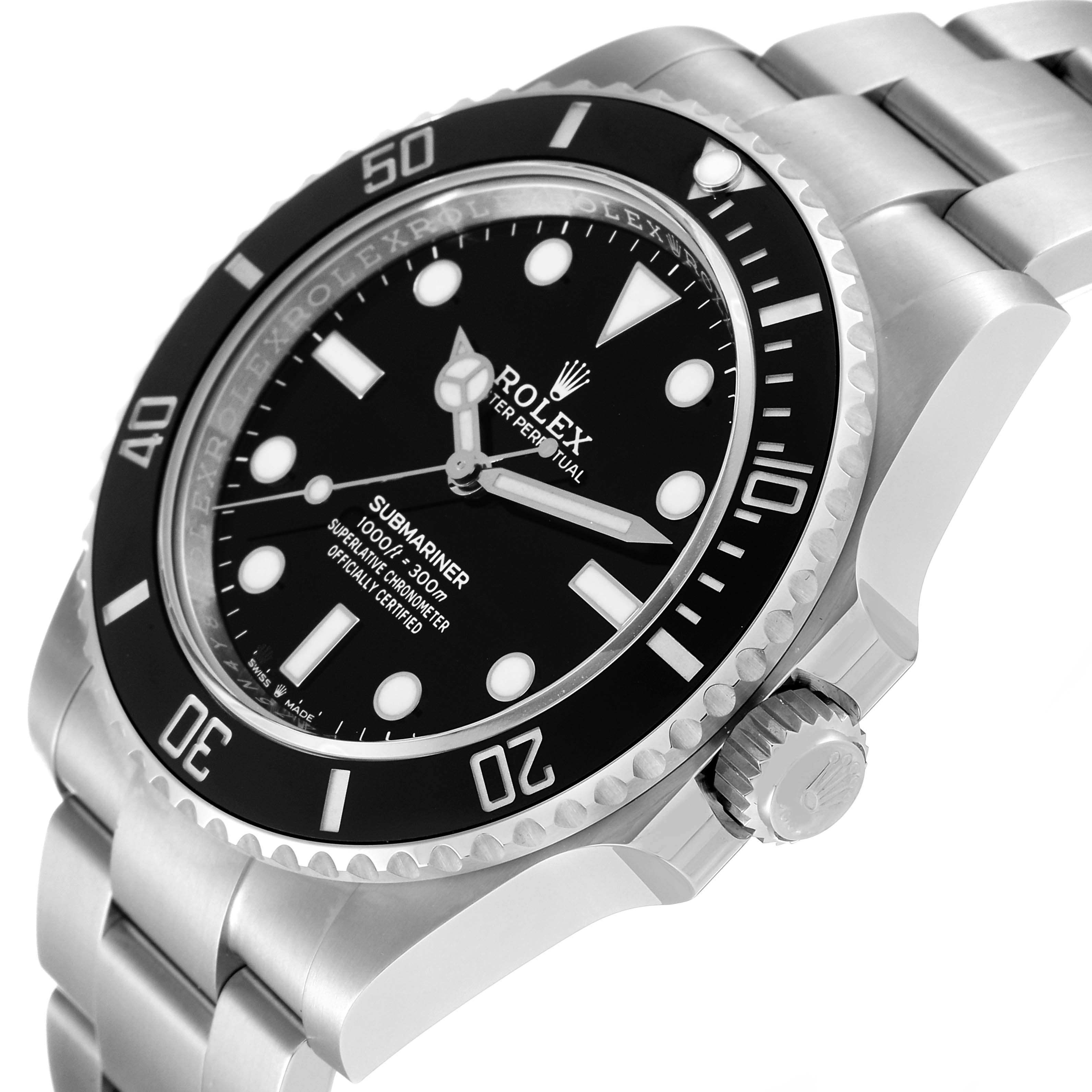 This image shows a side angle of the Rolex Submariner 124060 Men
s Stainless Steel Black Dial 124060 Men
s Stainless Steel Black Dial watch, focusing on its bezel, dial, and bracelet.