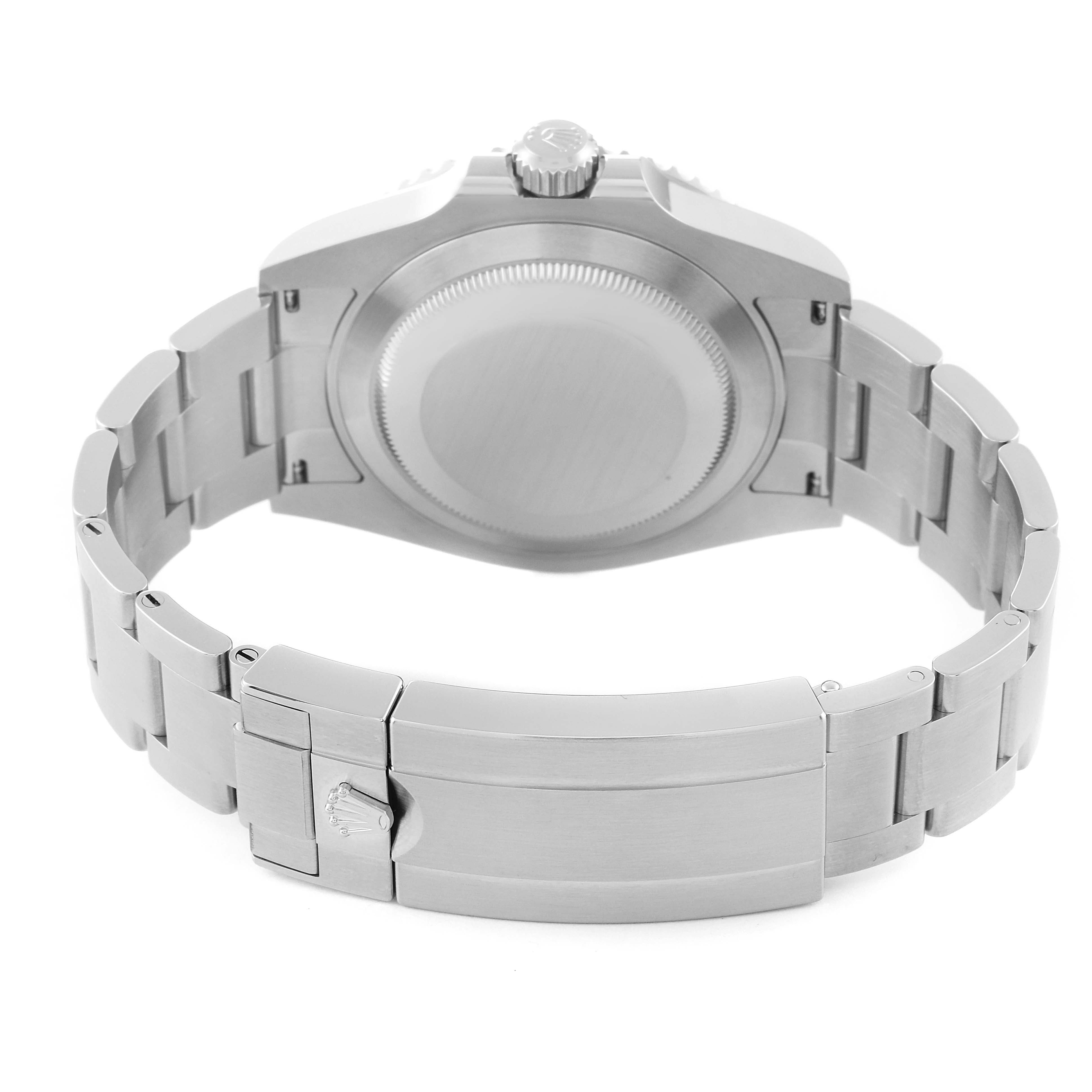 The image shows a rear view of a Rolex Submariner 124060 Men
s Stainless Steel Black Dial 124060 Men
s Stainless Steel Black Dial watch, focusing on the case back and bracelet clasp.