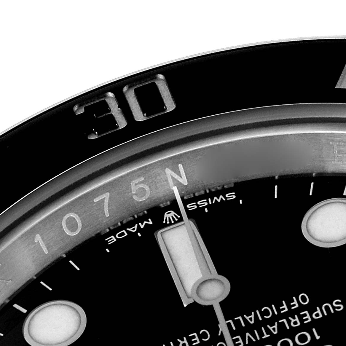 This is a close-up angle showing the bezel, part of the dial, and the minute hand of the Rolex Submariner 124060 Men
s Stainless Steel Black Dial 124060 Men
s Stainless Steel Black Dial watch.