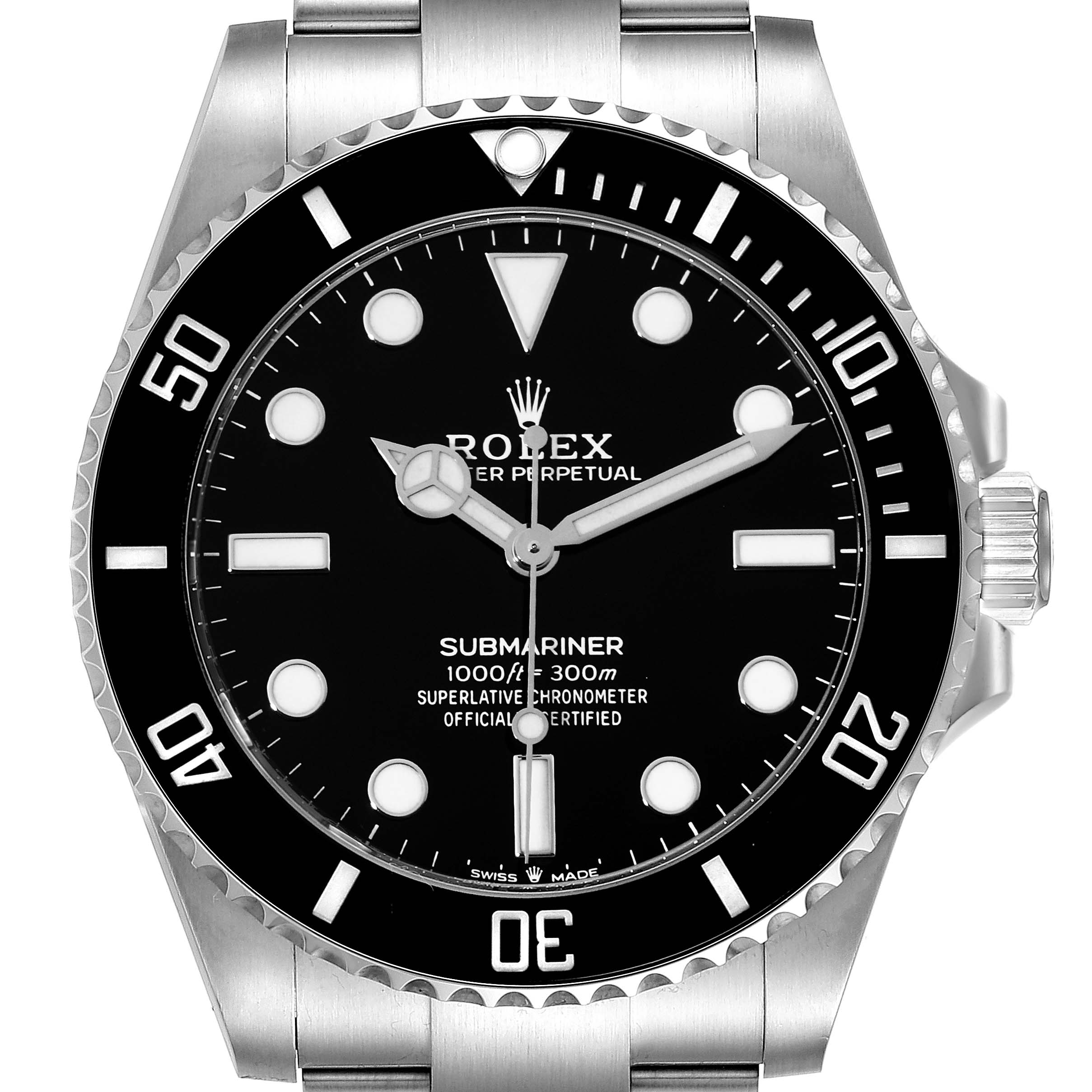 The image shows a frontal view of a Rolex Submariner 124060 Men
s Stainless Steel Black Dial 124060 Men
s Stainless Steel Black Dial watch, highlighting the dial, bezel, and part of the bracelet.