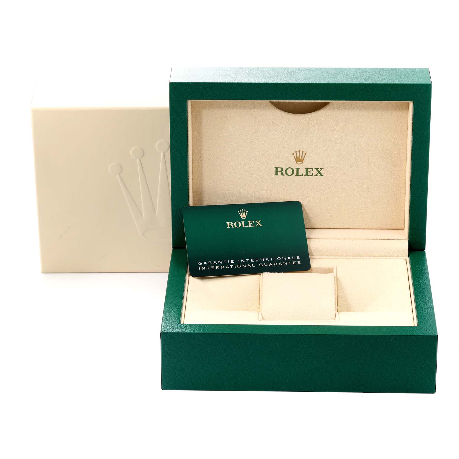 This image shows the open box and guarantee card for a Rolex Submariner 124060 Men
s Stainless Steel Black Dial 124060 Men
s Stainless Steel Black Dial watch.
