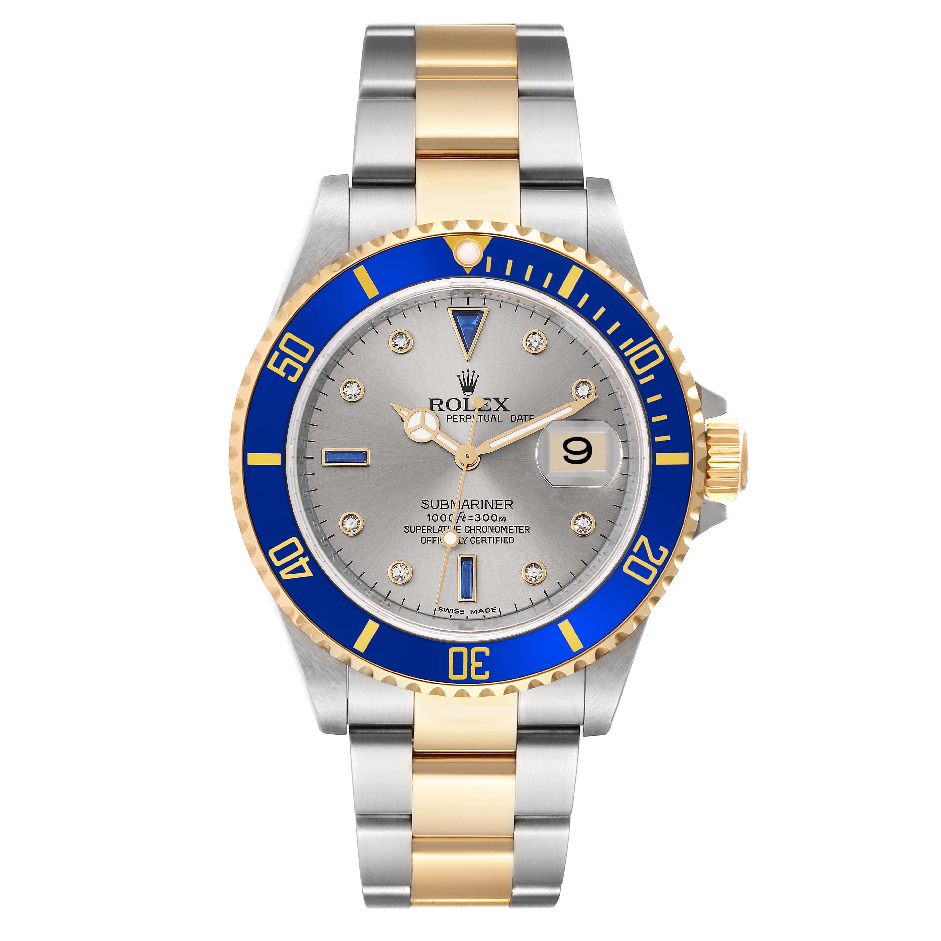 The image shows a Rolex Submariner 16613 Men
s Steel and Gold (two tone) Grey Dial 16613 Men
s Steel and Gold (two tone) Grey Dial watch from a top-down angle, highlighting the bezel, dial, strap, and date complication.