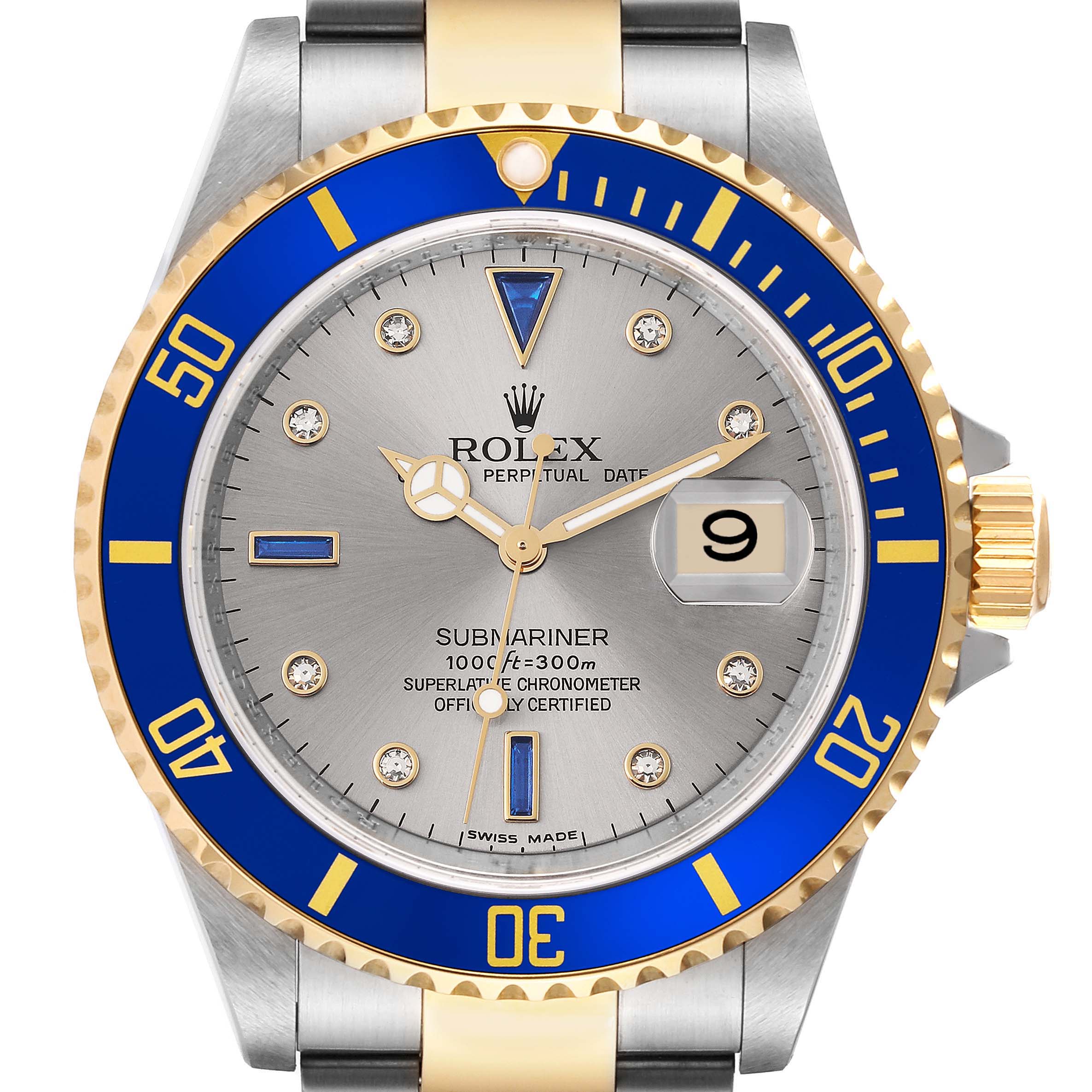 Close-up of the Rolex Submariner 16613 Men
s Steel and Gold (two tone) Grey Dial 16613 Men
s Steel and Gold (two tone) Grey Dial, showing the dial, bezel, hands, crown, and part of the bracelet at a front-facing angle.