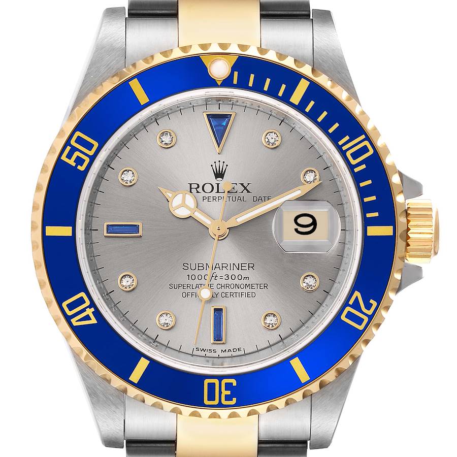 Rolex Submariner Steel Yellow Gold Diamond Sapphire Serti Dial Mens Watch 16613 Unworn NOS SwissWatchExpo