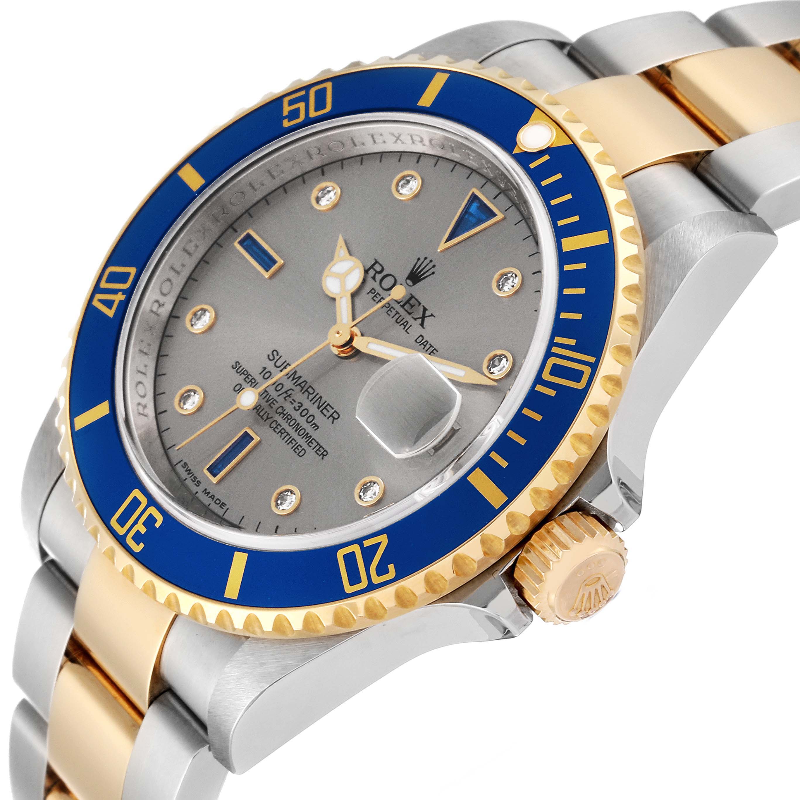 The image shows a close-up angle of the Rolex Submariner 16613 Men
s Steel and Gold (two tone) Grey Dial 16613 Men
s Steel and Gold (two tone) Grey Dial watch, highlighting its face, bezel, crown, and part of the bracelet.