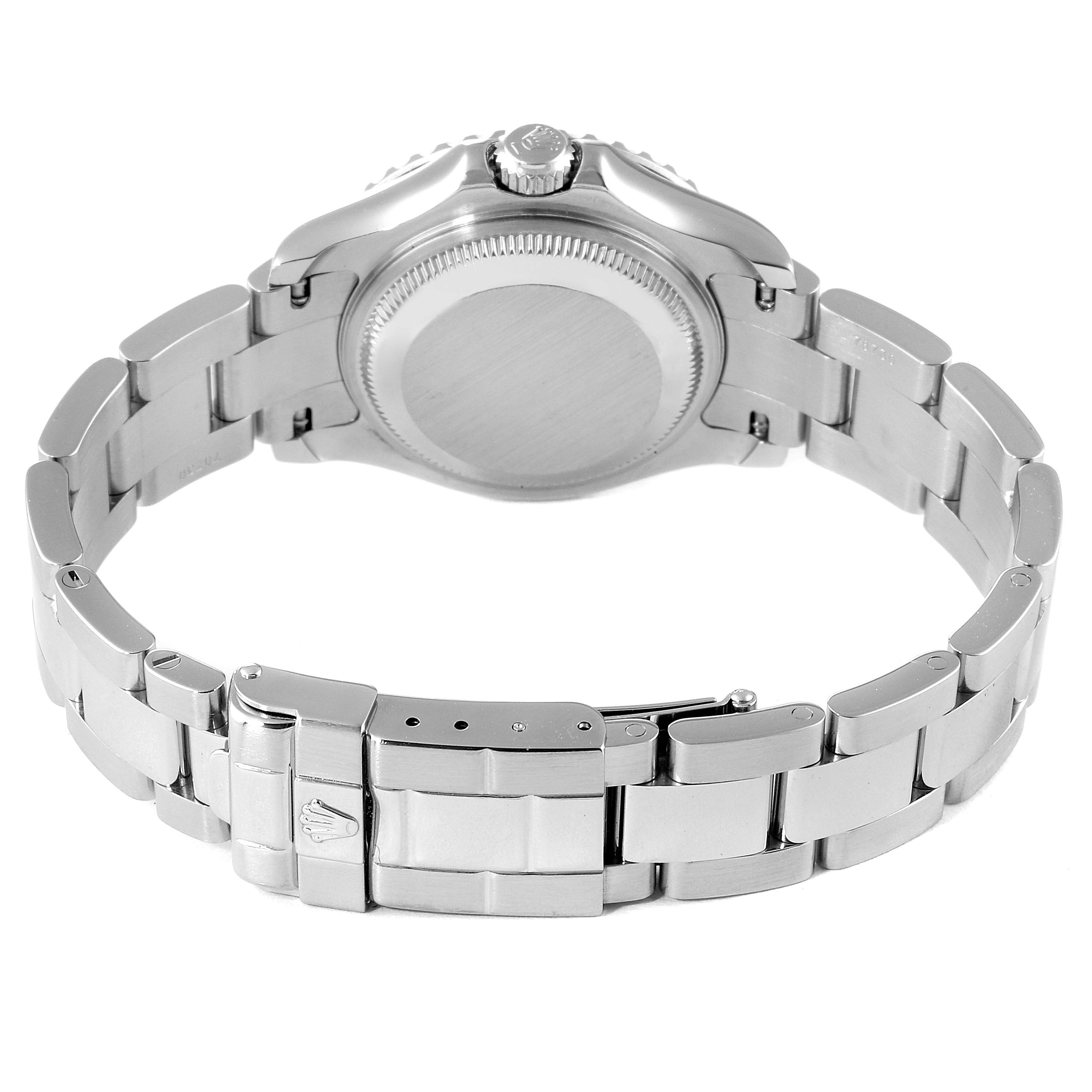 The image shows the back view of a Rolex Yacht-Master 169622 Women
s Stainless Steel Silver Dial 169622 Women
s Stainless Steel Silver Dial watch, highlighting its case, crown, and bracelet with the clasp.