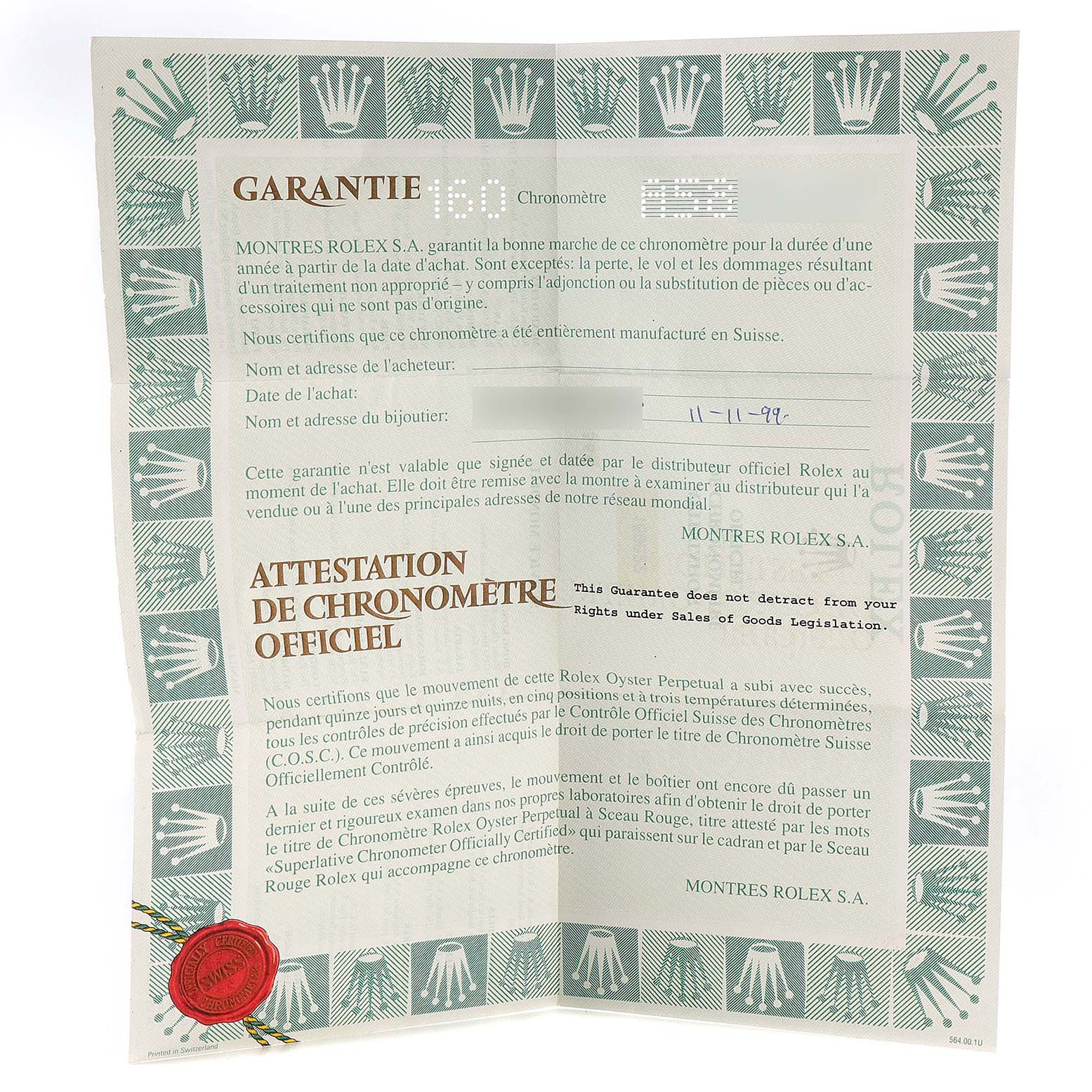 The image shows a warranty and chronometer certification document for a Rolex Yacht-Master 169622 Women
s Stainless Steel Silver Dial 169622 Women
s Stainless Steel Silver Dial model, photographed at a straight-on angle.