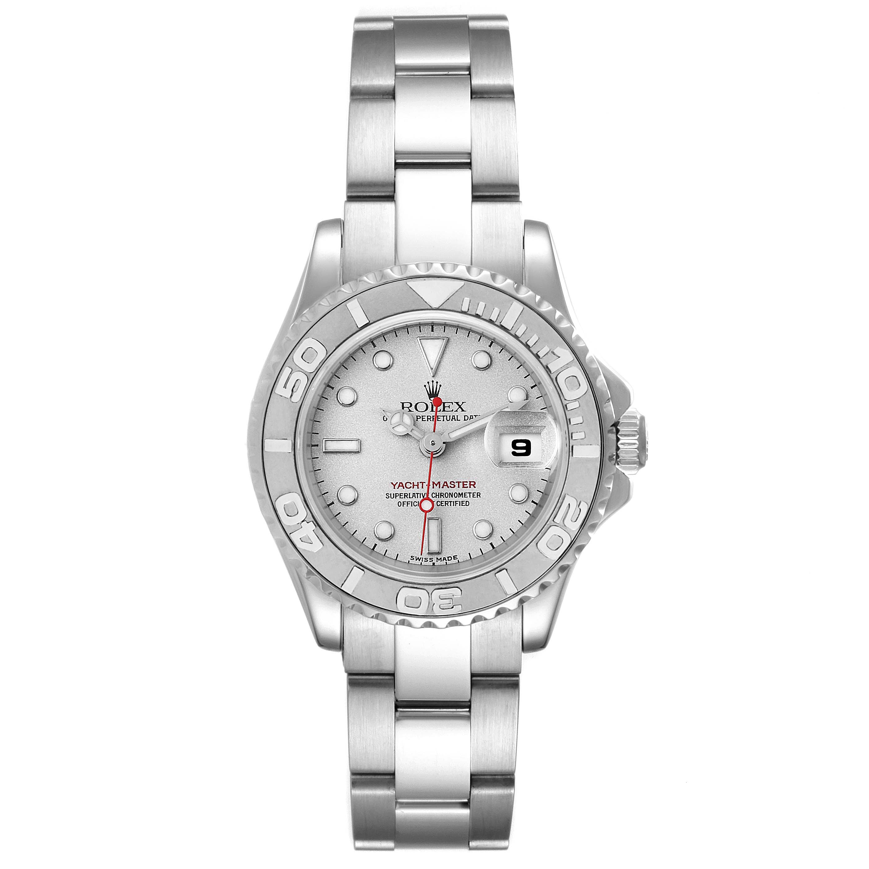 This image shows a front view of a Rolex Yacht-Master 169622 Women
s Stainless Steel Silver Dial 169622 Women
s Stainless Steel Silver Dial watch, highlighting the face, bezel, and metal bracelet.