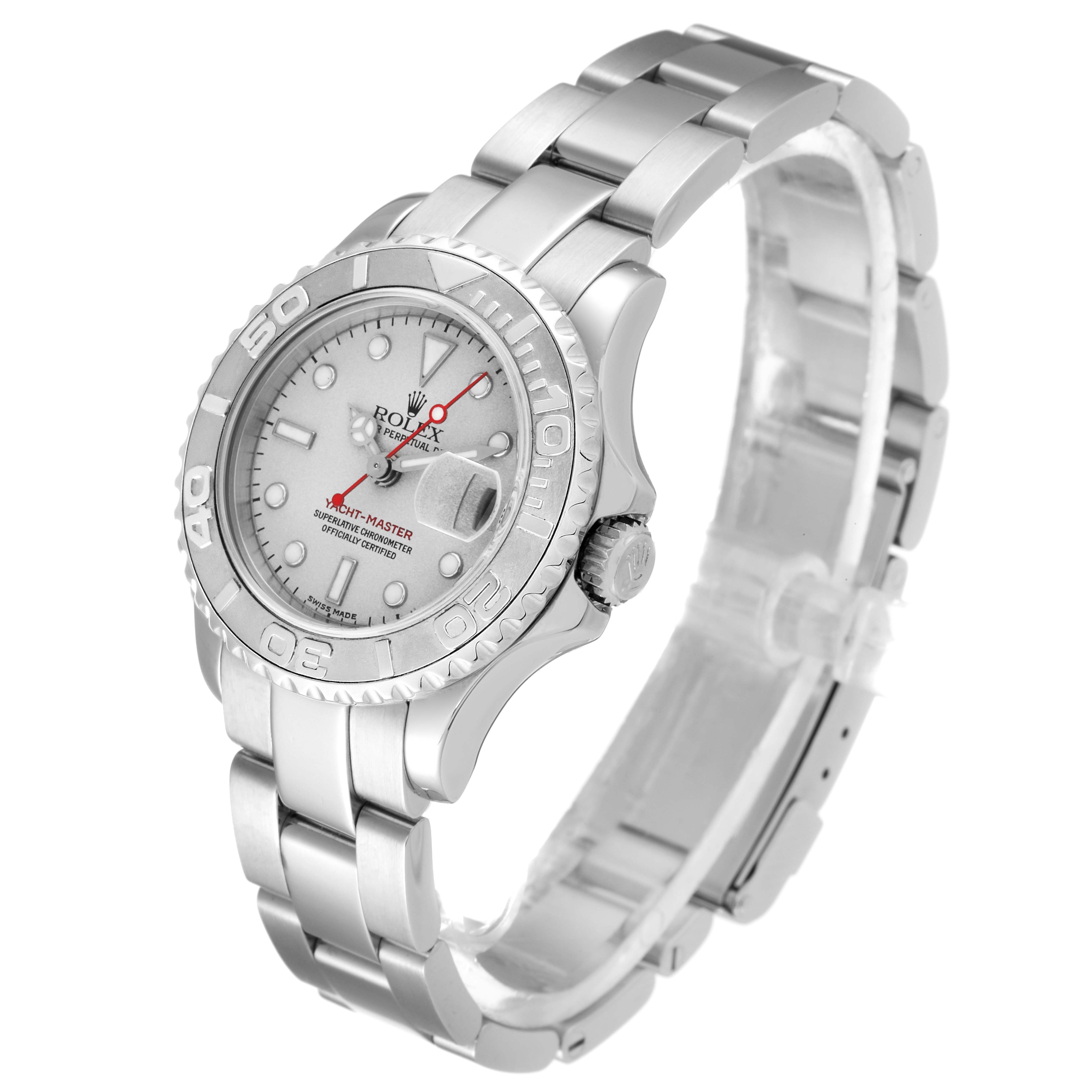 The Rolex Yacht-Master 169622 Women
s Stainless Steel Silver Dial 169622 Women
s Stainless Steel Silver Dial watch is shown from a three-quarter angle, displaying the face, bezel, crown, and bracelet.