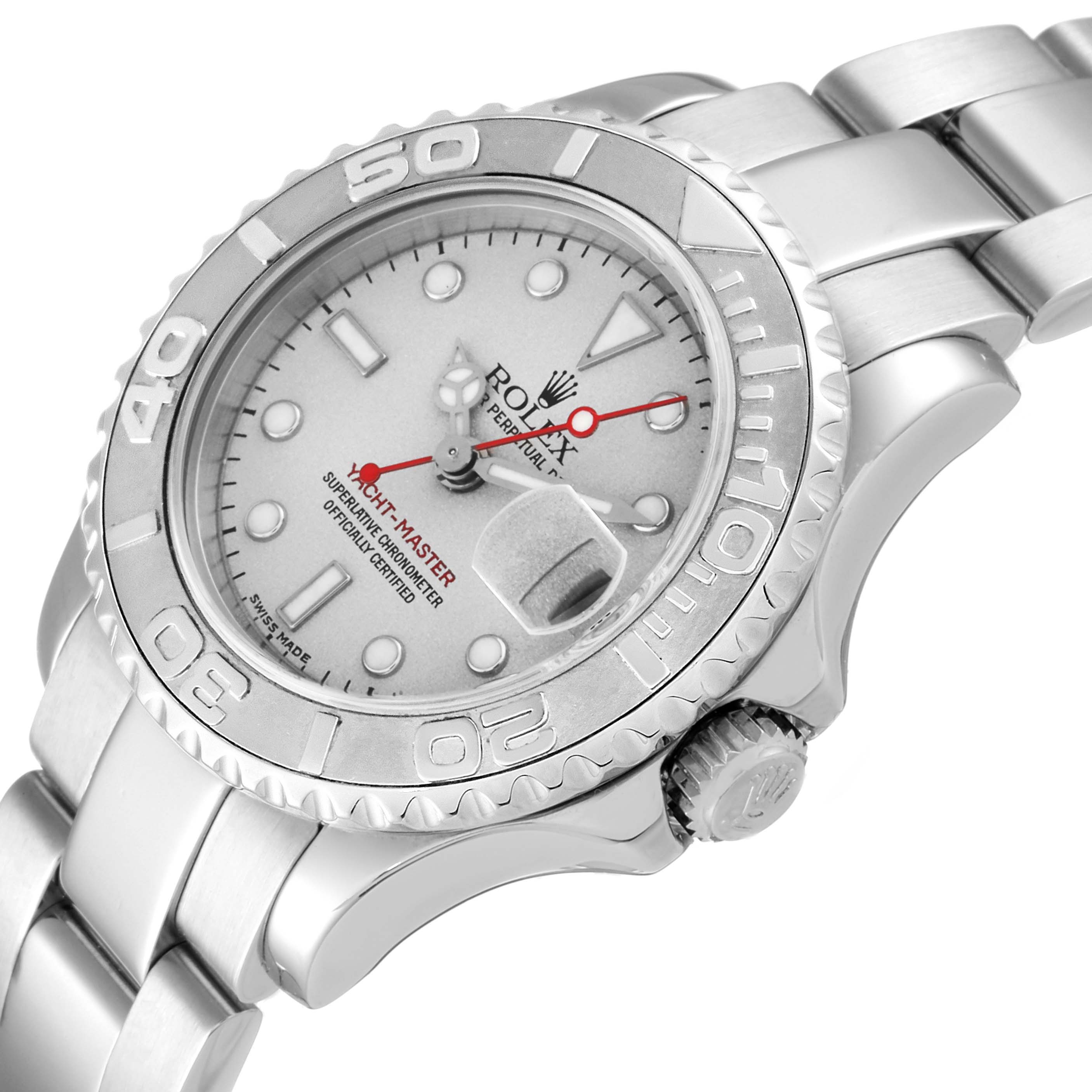 The image shows a close-up angle of the Rolex Yacht-Master 169622 Women
s Stainless Steel Silver Dial 169622 Women
s Stainless Steel Silver Dial watch, highlighting the dial, bezel, and part of the bracelet.