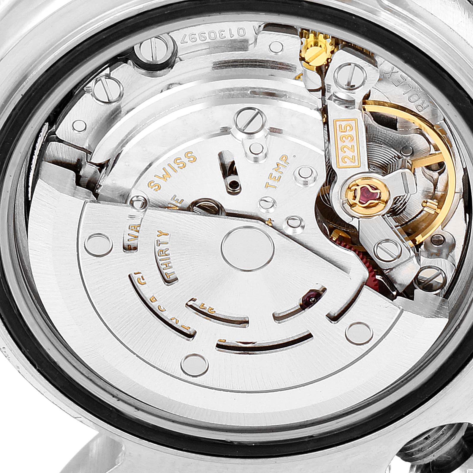 Close-up view of the Rolex Yacht-Master 169622 Women
s Stainless Steel Silver Dial 169622 Women
s Stainless Steel Silver Dial watch’s movement mechanism from the back.