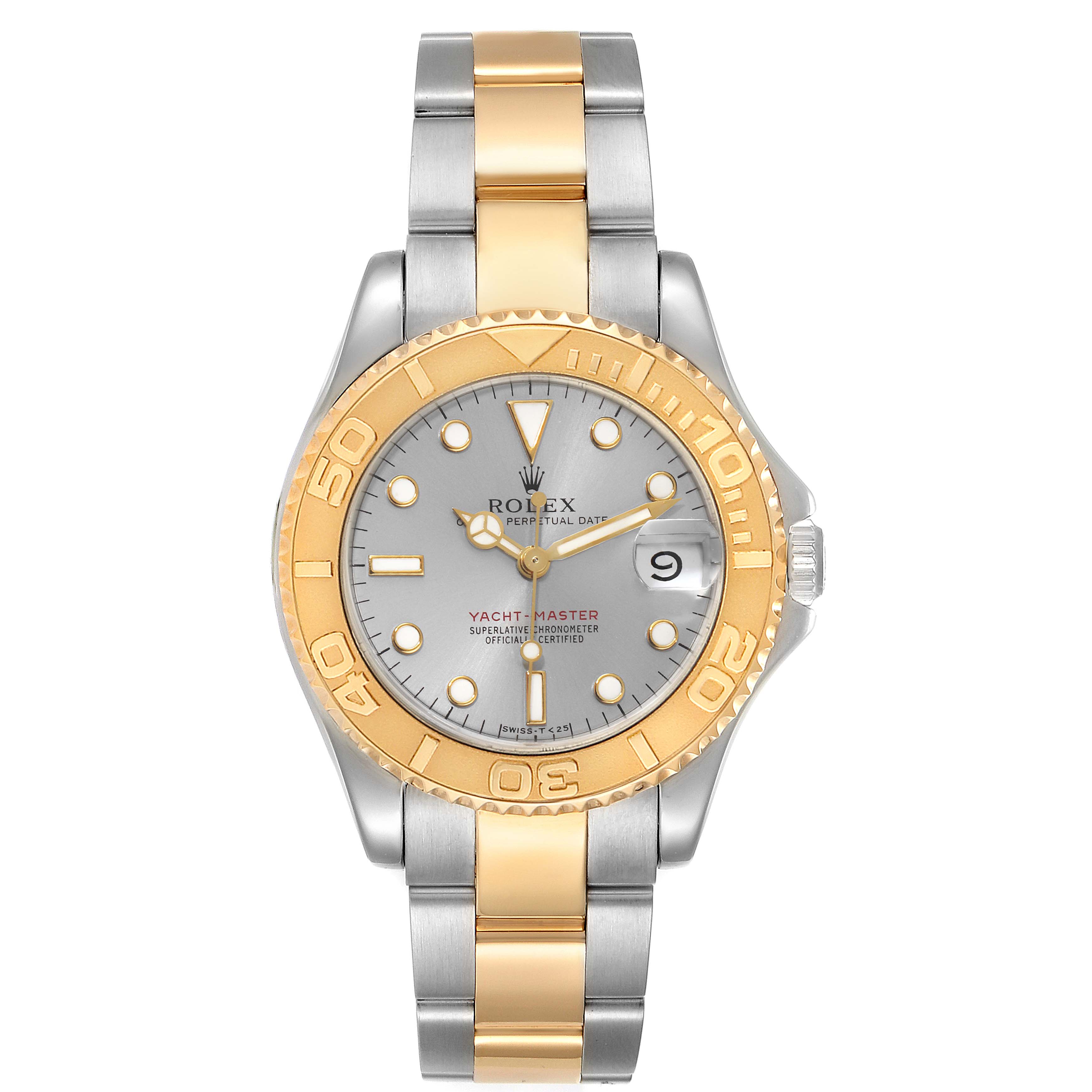 This is a frontal view of a Rolex Yacht-Master 168623 Men's Steel and Gold (two tone) Grey Dial 168623 Men's Steel and Gold (two tone) Grey Dial watch showing its bezel, dial, hands, and bracelet.