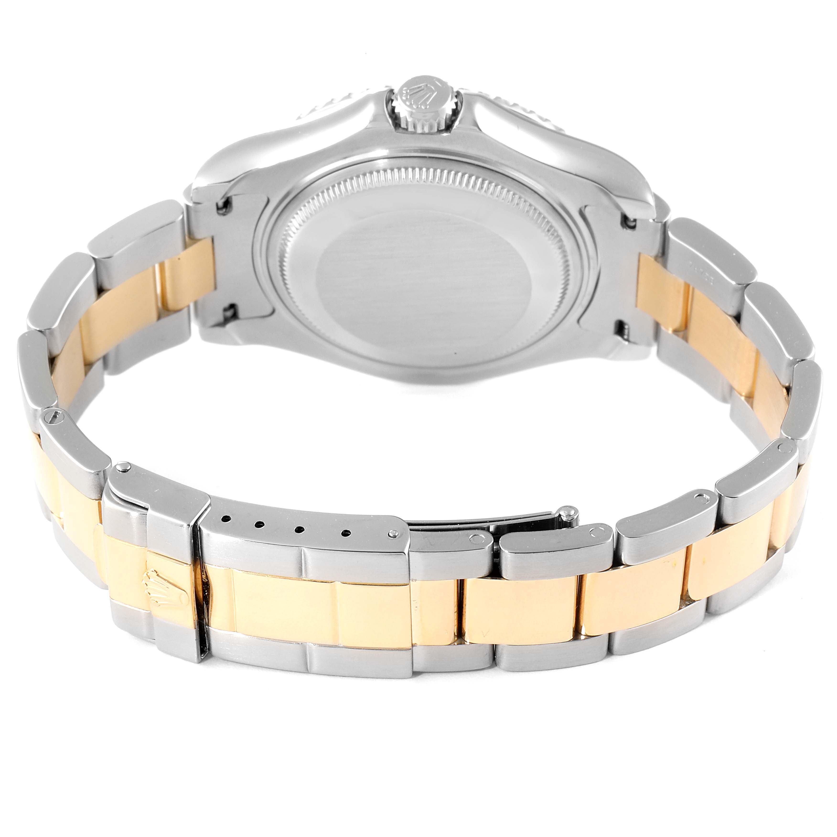 The image shows the back case and bracelet of a Rolex Yacht-Master 168623 Men's Steel and Gold (two tone) Grey Dial 168623 Men's Steel and Gold (two tone) Grey Dial watch, highlighting the clasp and two-tone metal links.