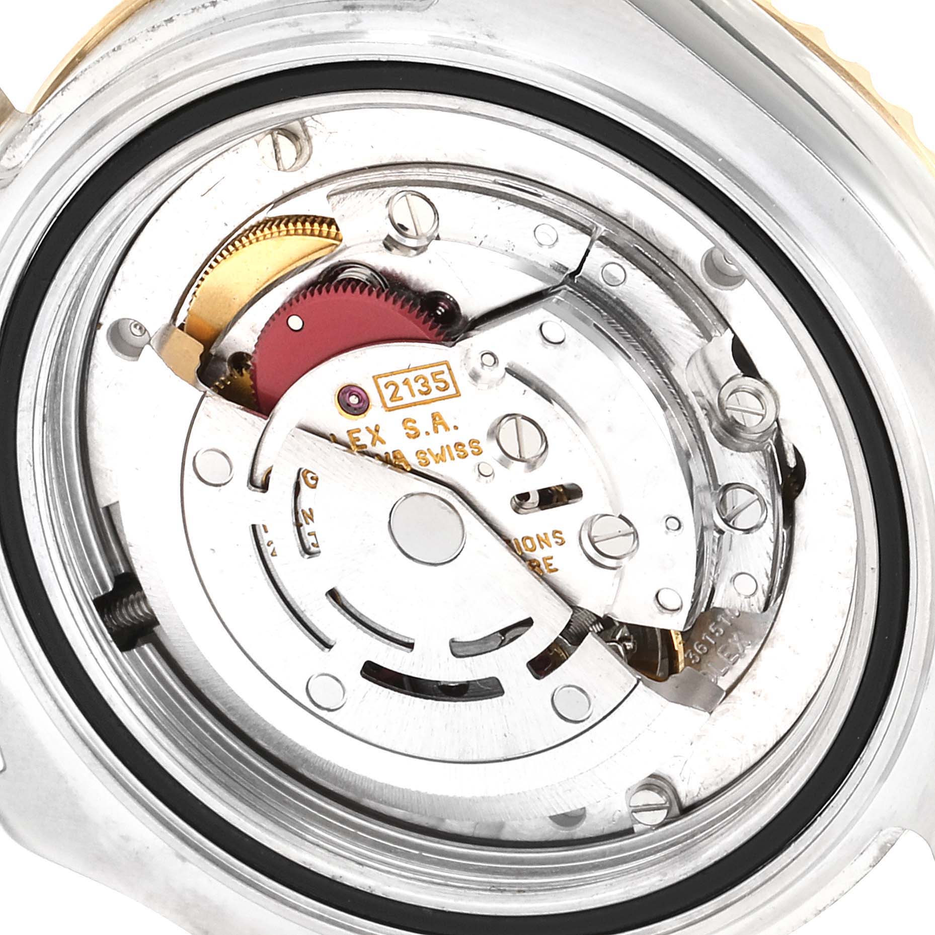The image shows the internal mechanical movement of a Rolex Yacht-Master 168623 Men's Steel and Gold (two tone) Grey Dial 168623 Men's Steel and Gold (two tone) Grey Dial watch, viewed from the back.