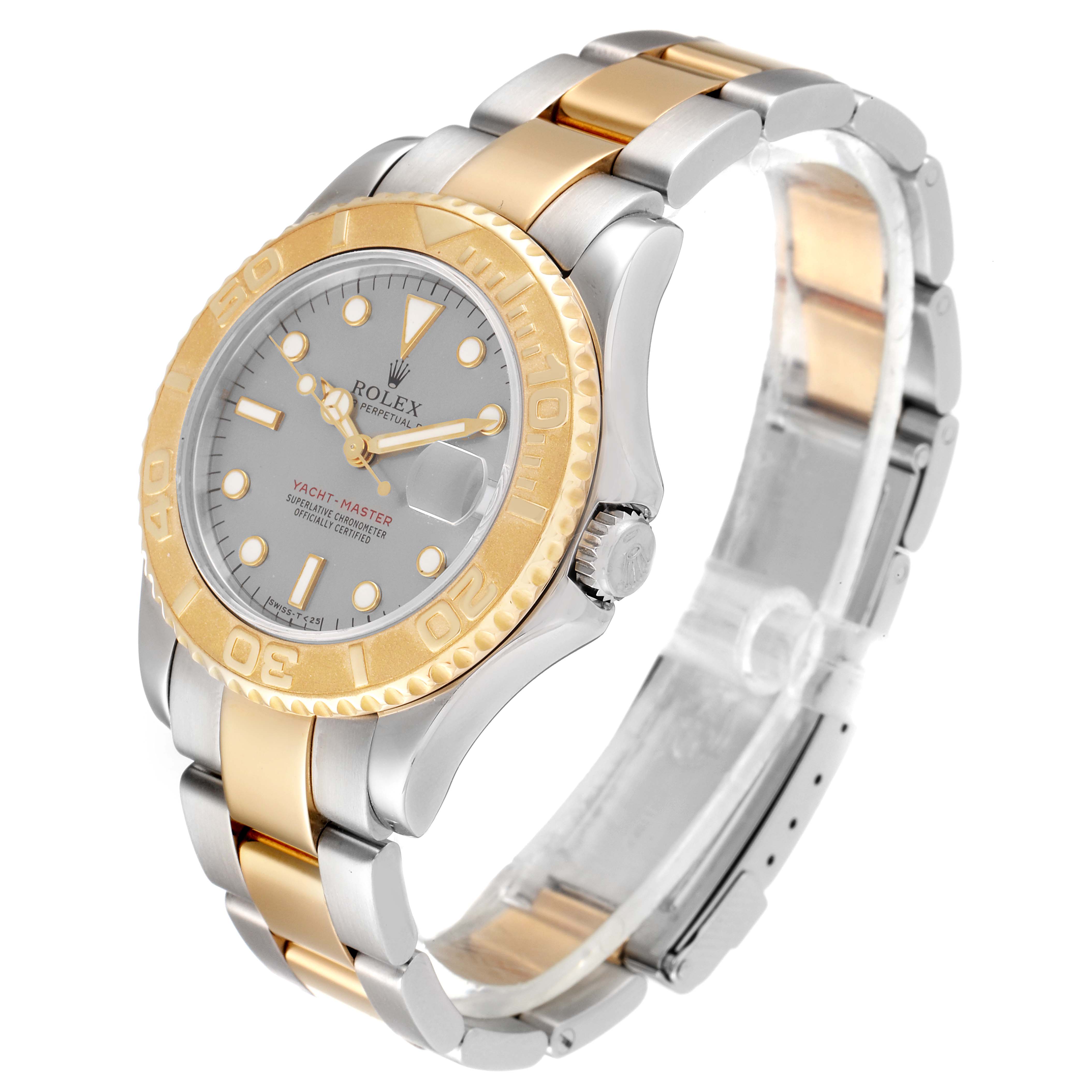 The image shows a three-quarter view of a Rolex Yacht-Master 168623 Men's Steel and Gold (two tone) Grey Dial 168623 Men's Steel and Gold (two tone) Grey Dial watch, highlighting its bezel, dial, crown, and bracelet.