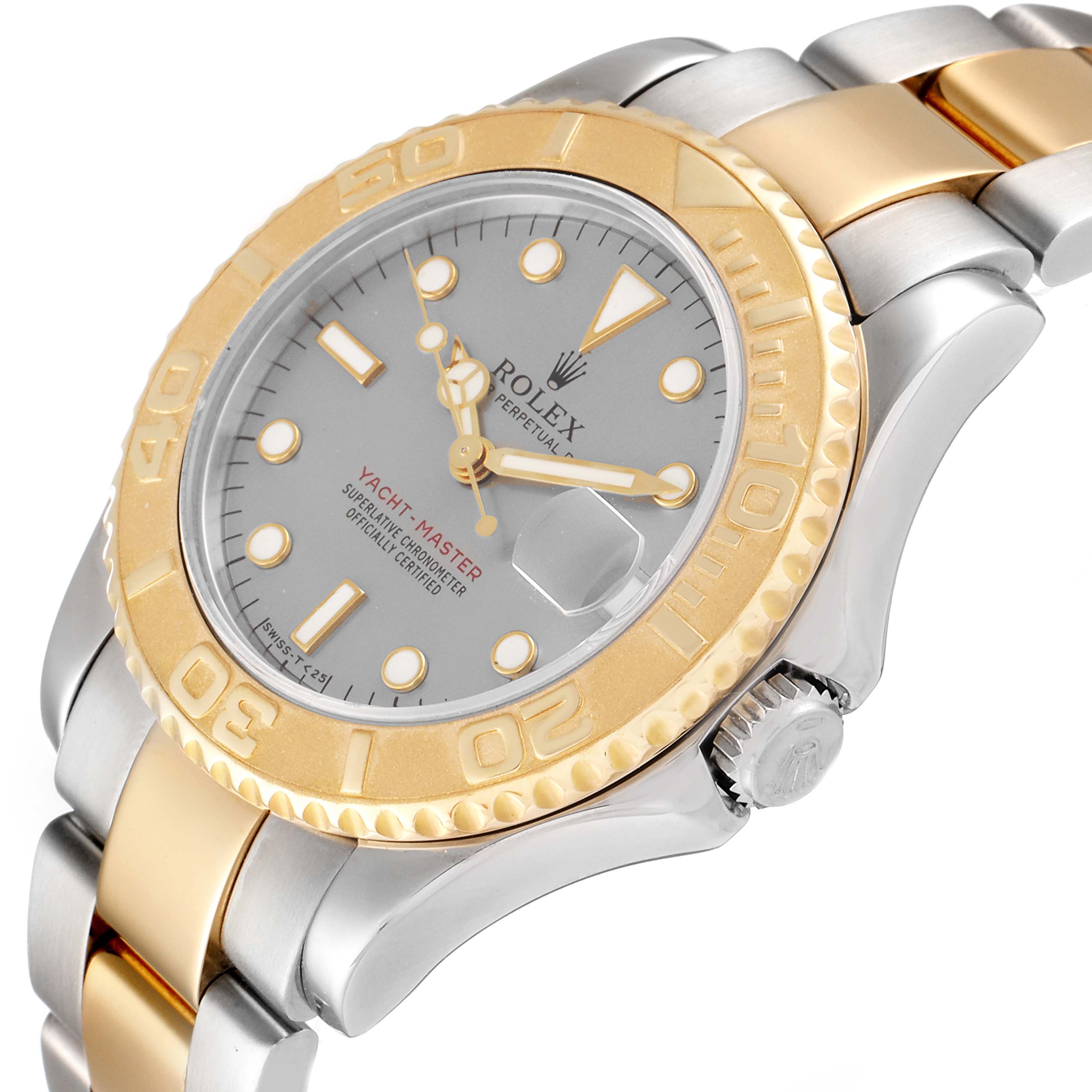 This Rolex Yacht-Master 168623 Men's Steel and Gold (two tone) Grey Dial 168623 Men's Steel and Gold (two tone) Grey Dial watch is shown at a slight angle, highlighting the face, bezel, crown, and two-tone bracelet.