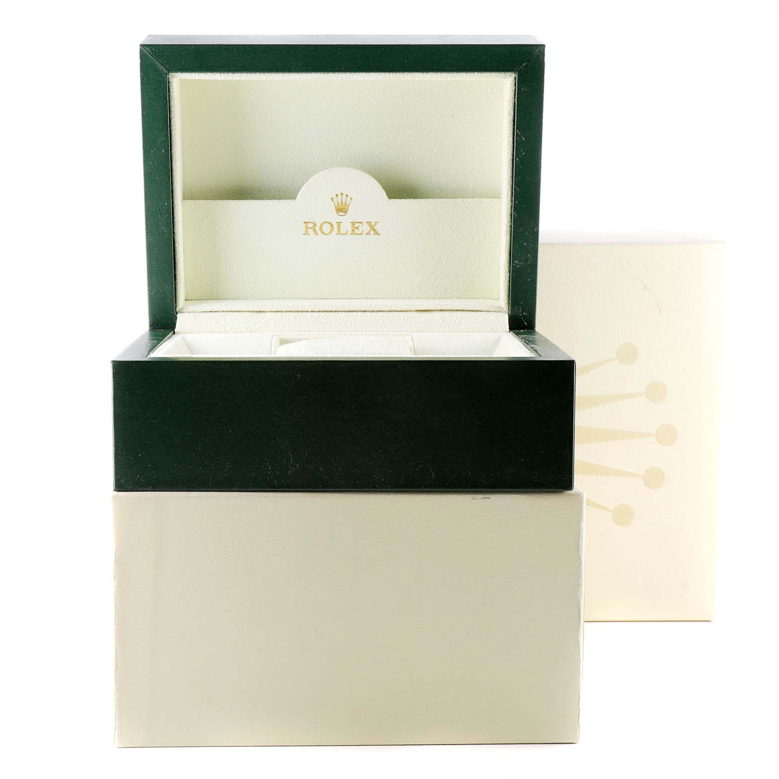The image shows an open presentation box for a Rolex Yacht-Master 168623 Men's Steel and Gold (two tone) Grey Dial 168623 Men's Steel and Gold (two tone) Grey Dial watch, displaying the interior lining and the Rolex logo.