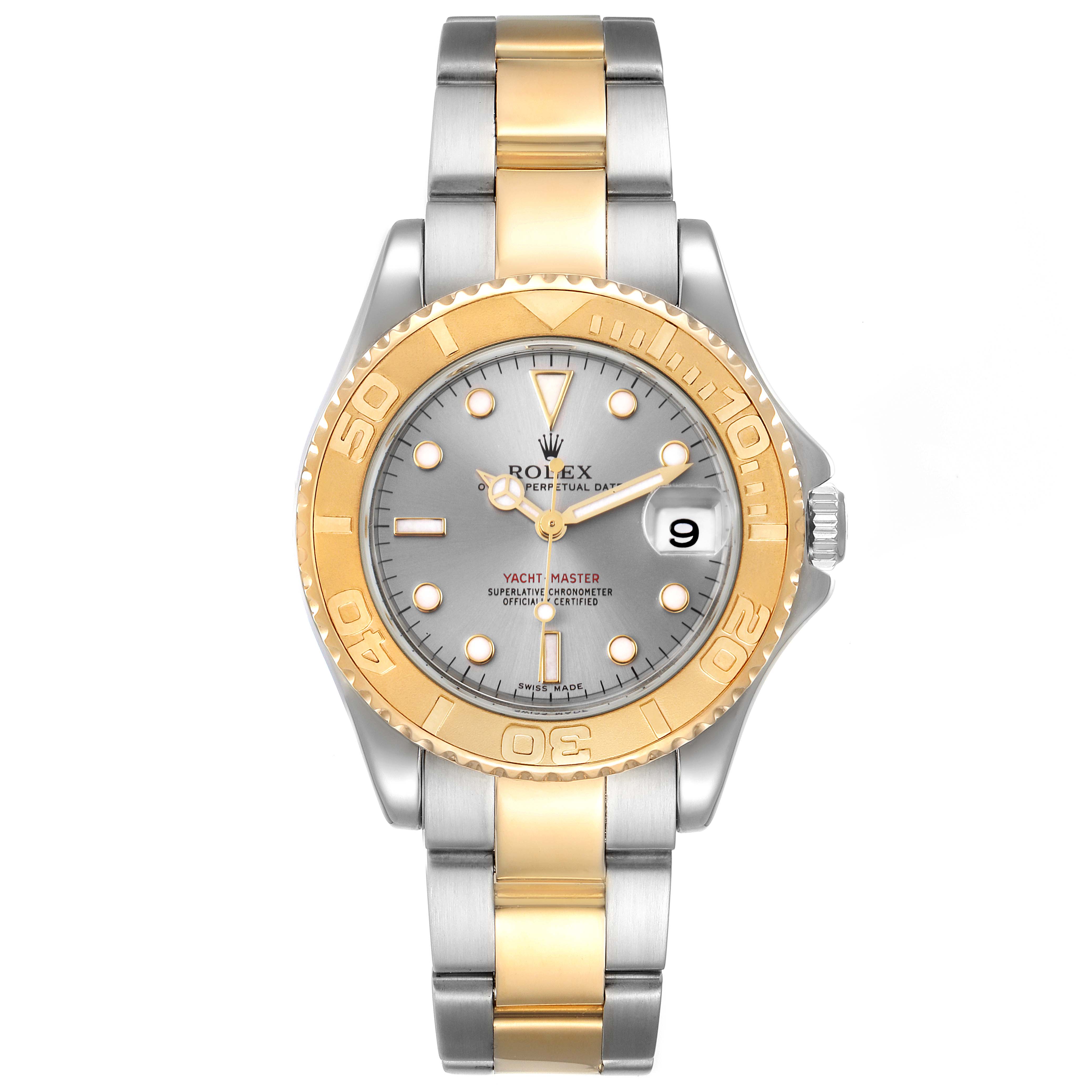The Rolex Yacht-Master 168623 Men
s Steel and Gold (two tone) Grey Dial 168623 Men
s Steel and Gold (two tone) Grey Dial watch is shown from a front angle, displaying the dial, bezel, and part of the bracelet.
