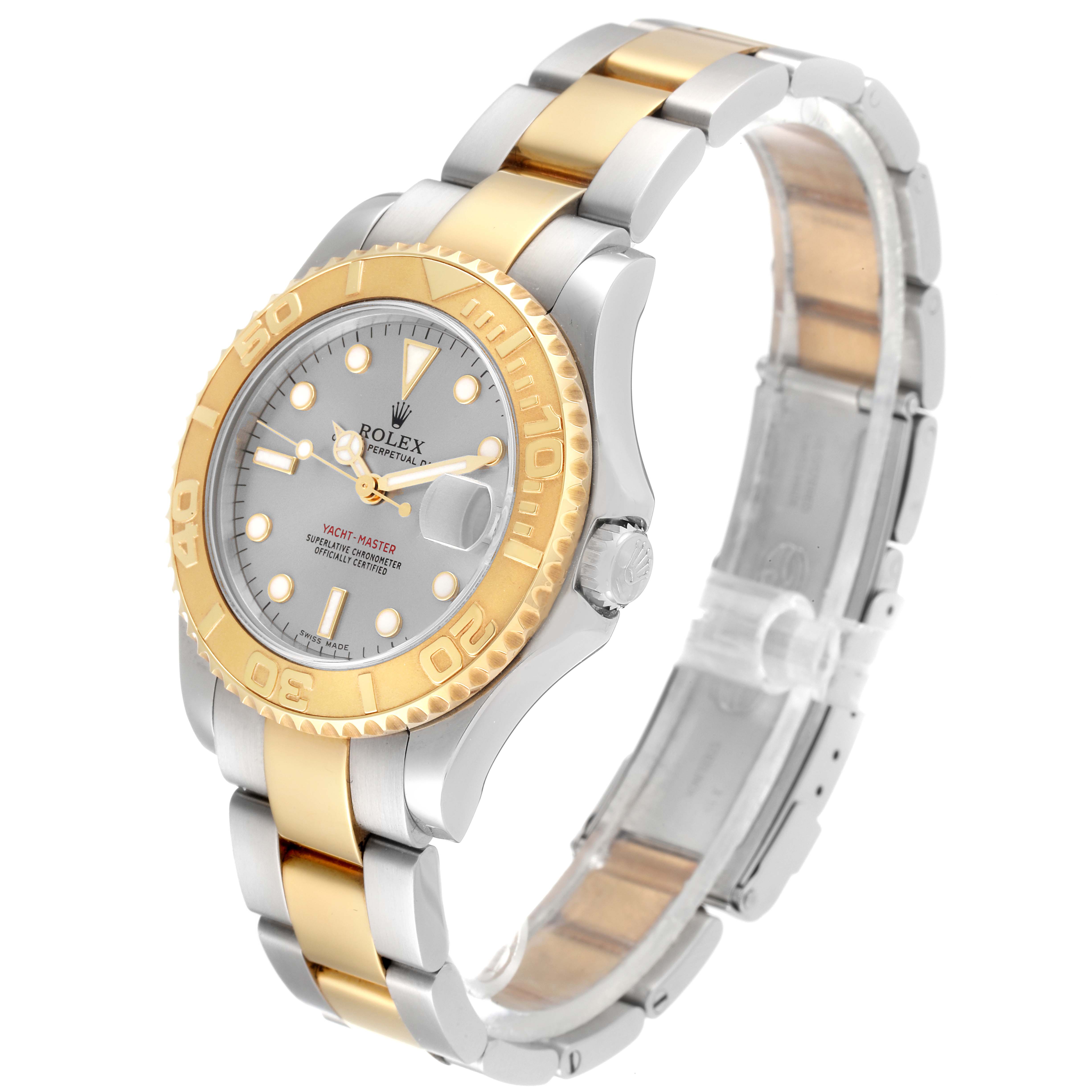 This is a Rolex Yacht-Master 168623 Men
s Steel and Gold (two tone) Grey Dial 168623 Men
s Steel and Gold (two tone) Grey Dial watch shown from an angled front view, highlighting its bezel, dial, and bracelet.