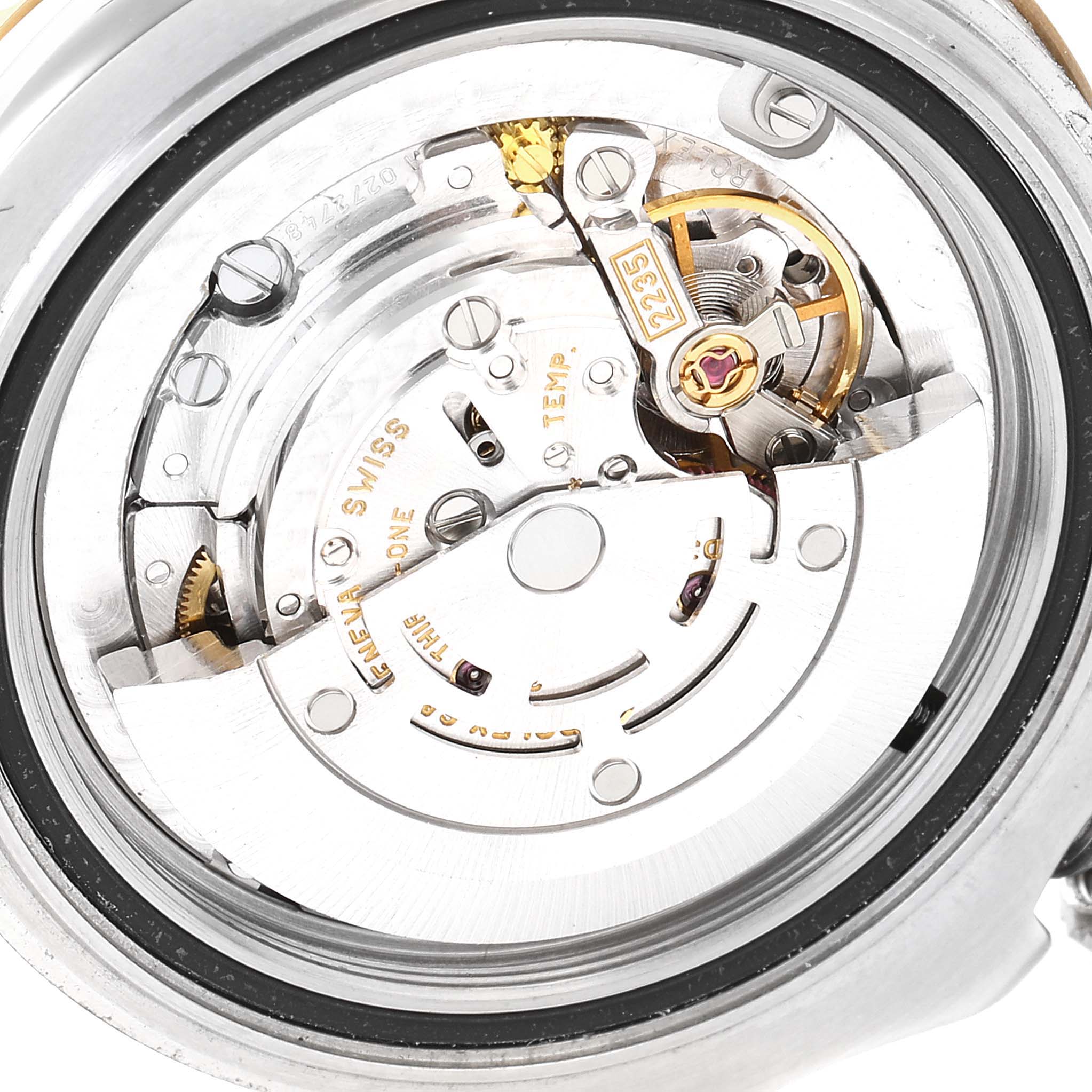 The image shows the internal mechanical movement and components of a Rolex Yacht-Master 168623 Men
s Steel and Gold (two tone) Grey Dial 168623 Men
s Steel and Gold (two tone) Grey Dial watch, viewed from the back case.