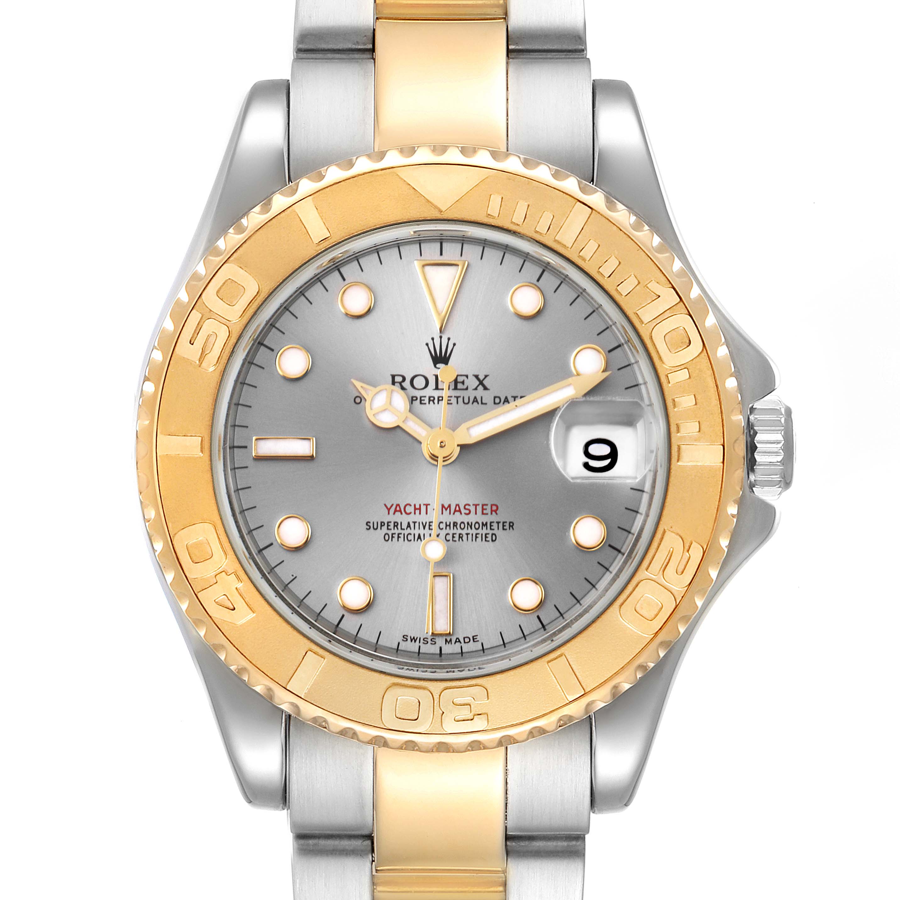 The image shows a front view of the Rolex Yacht-Master 168623 Men
s Steel and Gold (two tone) Grey Dial 168623 Men
s Steel and Gold (two tone) Grey Dial watch featuring a two-tone bezel and bracelet.