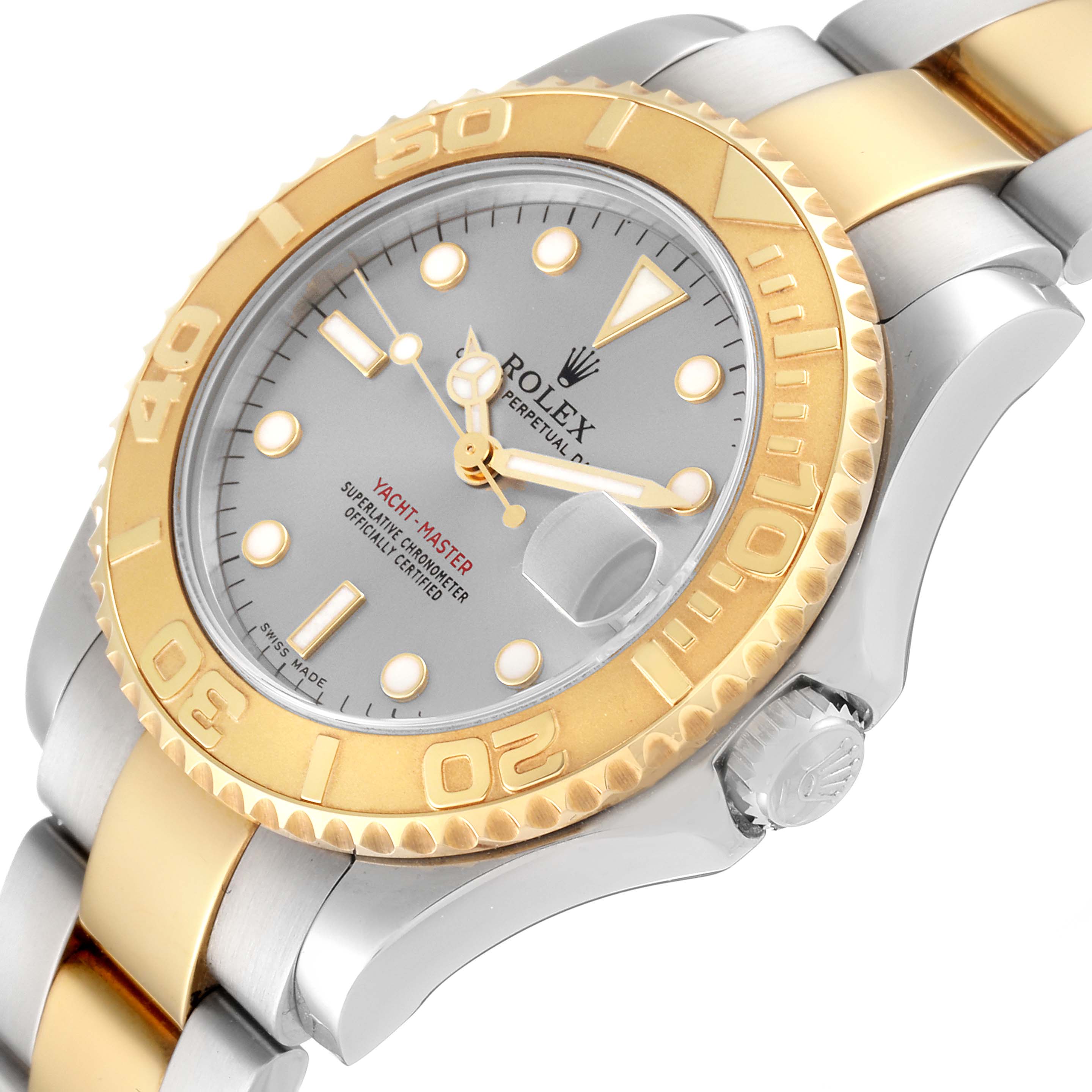 The image shows a Rolex Yacht-Master 168623 Men
s Steel and Gold (two tone) Grey Dial 168623 Men
s Steel and Gold (two tone) Grey Dial watch at a slight angle, highlighting the gold bezel, silver dial, and two-tone bracelet.