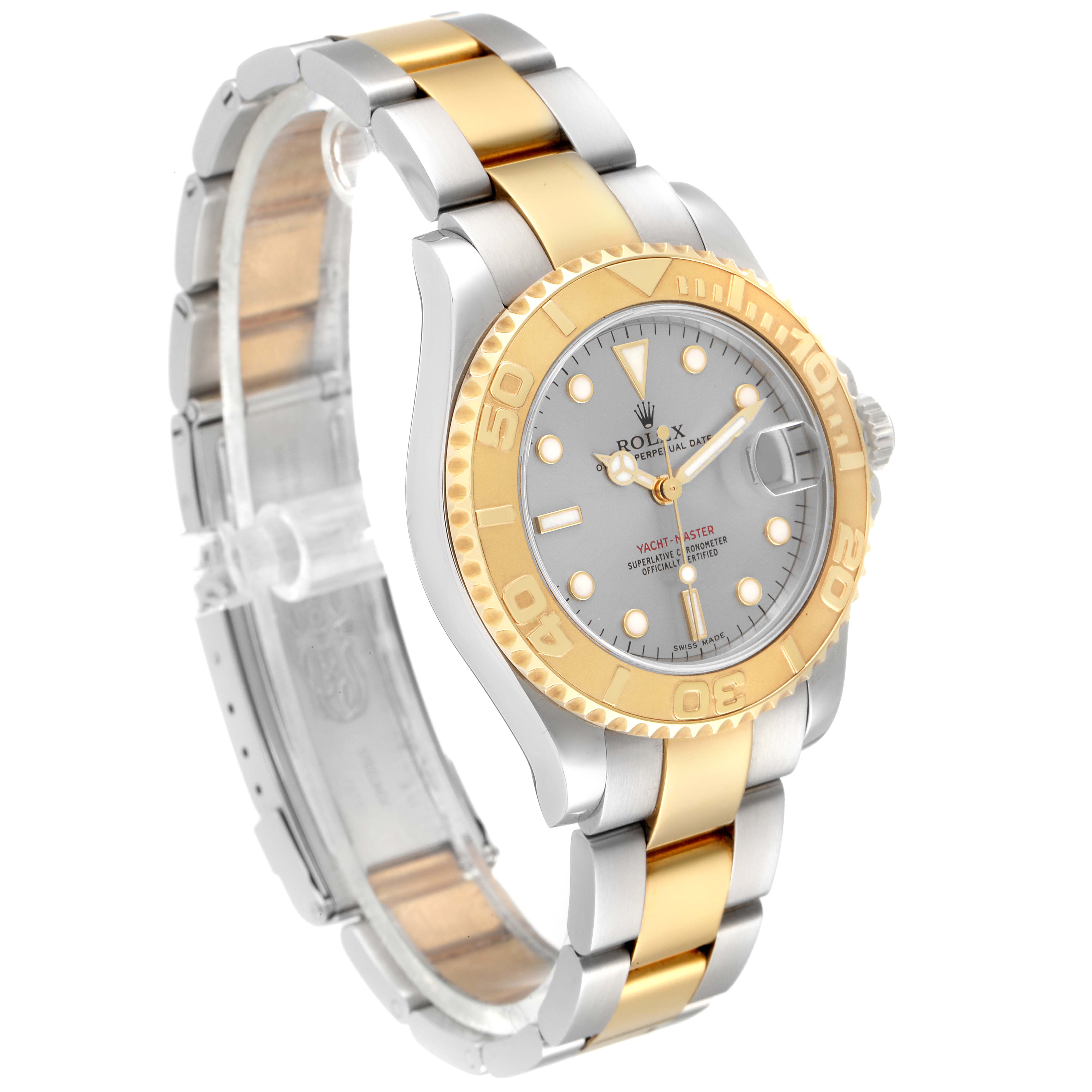 The Rolex Yacht-Master 168623 Men
s Steel and Gold (two tone) Grey Dial 168623 Men
s Steel and Gold (two tone) Grey Dial watch is shown at an oblique angle displaying its two-tone bracelet, bezel, and dial.