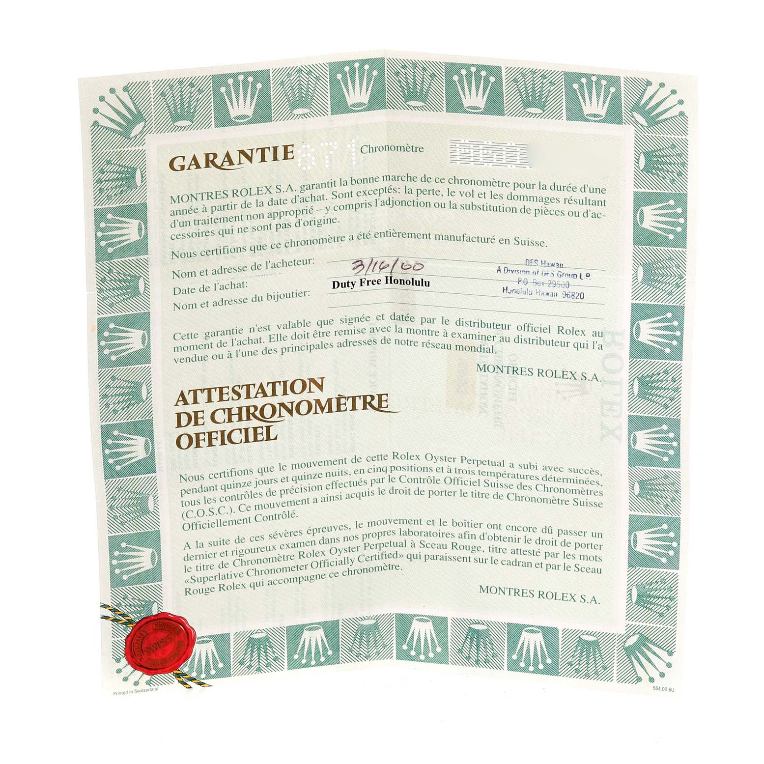 This is a warranty and chronometer certification paper for a Rolex Yacht-Master 168623 Men
s Steel and Gold (two tone) Grey Dial 168623 Men
s Steel and Gold (two tone) Grey Dial watch.