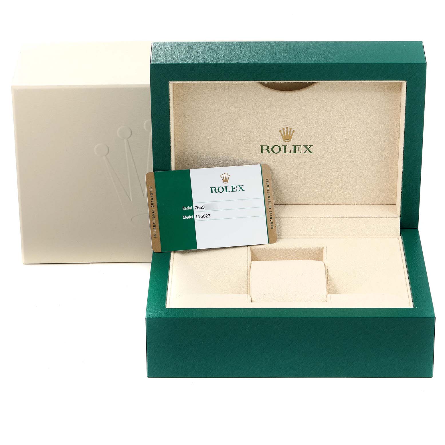 The image shows an open Rolex Yacht-Master 116622 Men
s Stainless Steel Blue Dial 116622 Men
s Stainless Steel Blue Dial watch box with a green and white warranty card inside.
