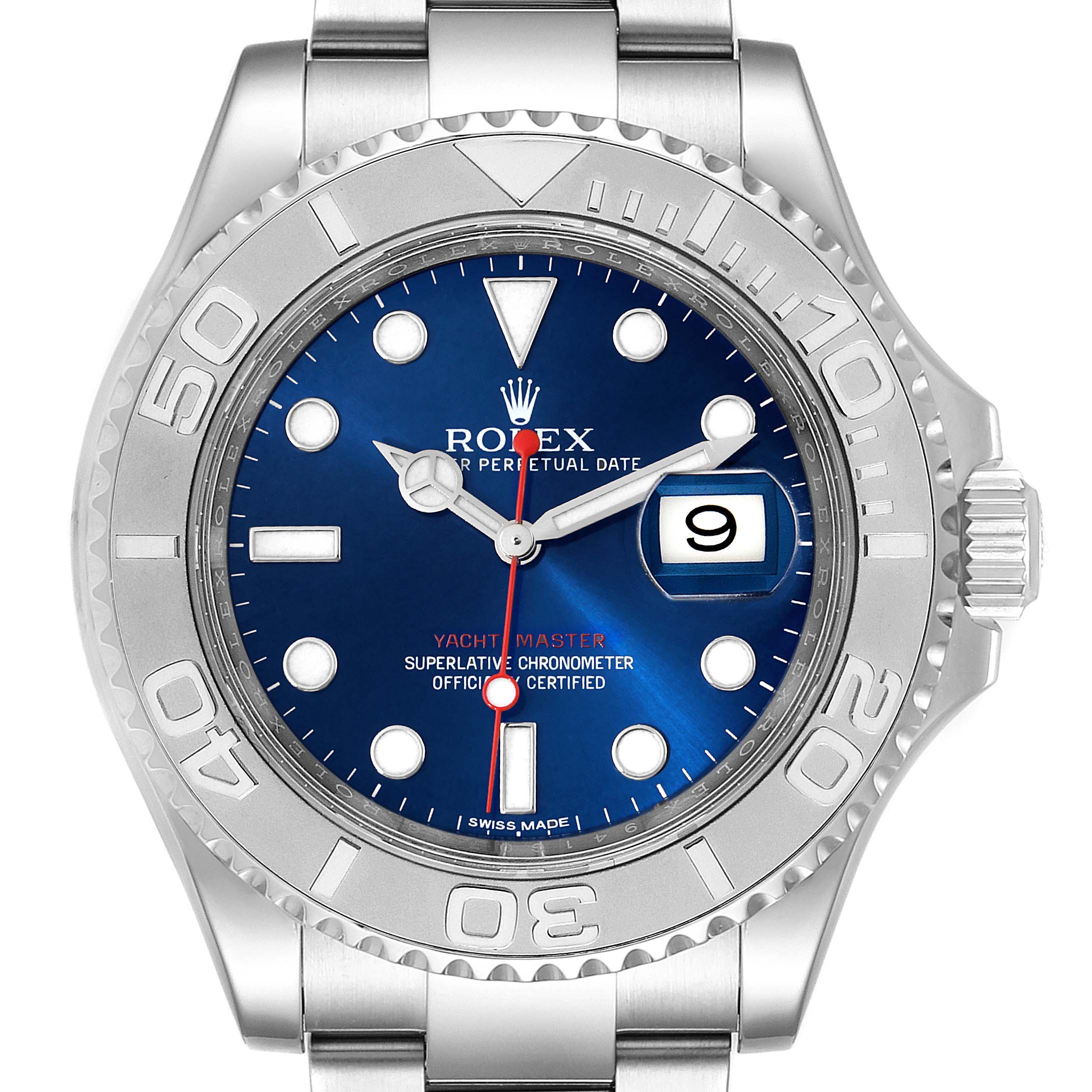 The Rolex Yacht-Master 116622 Men
s Stainless Steel Blue Dial 116622 Men
s Stainless Steel Blue Dial watch is shown from a top-down angle, displaying the face, dial, bezel, and part of the bracelet.