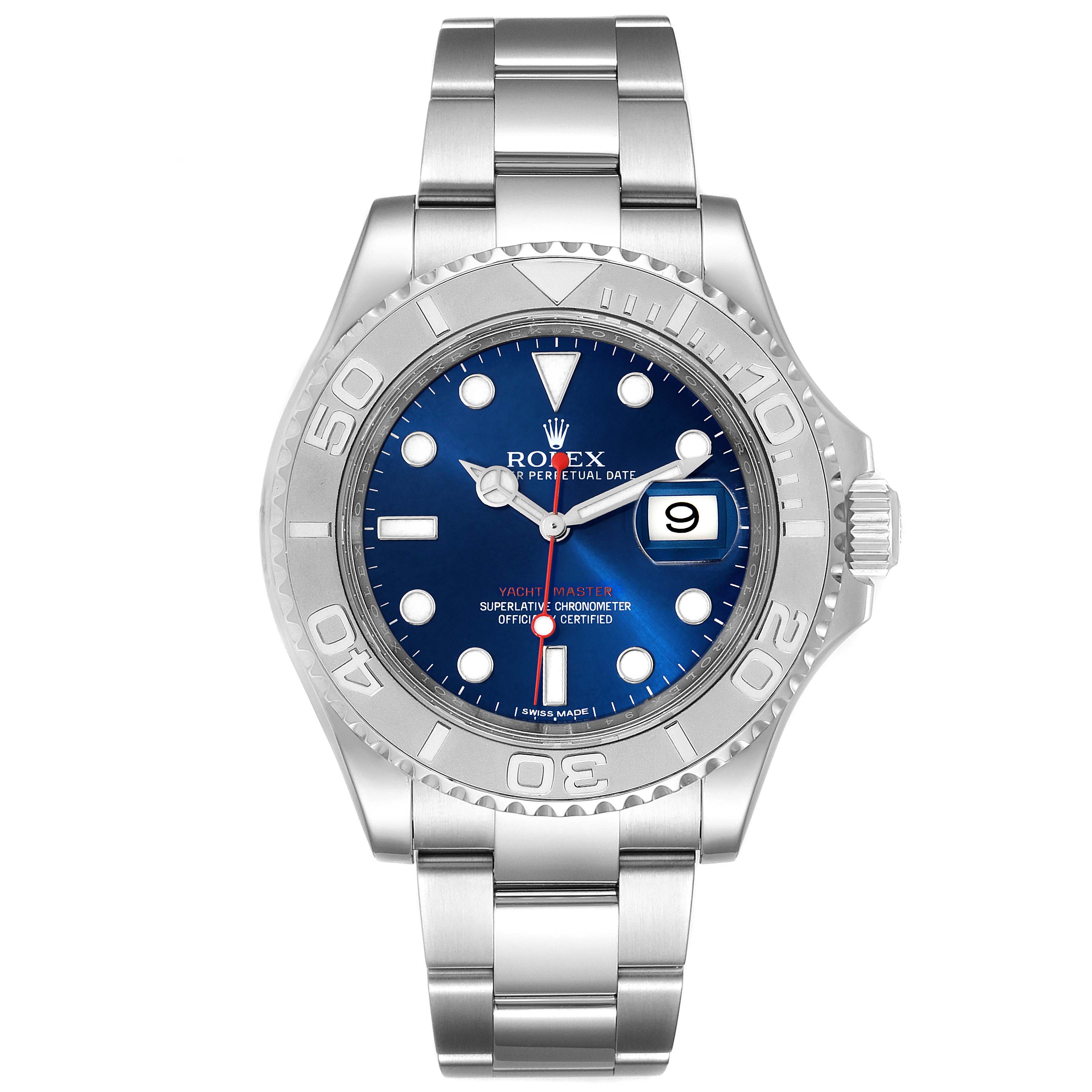 The Rolex Yacht-Master 116622 Men
s Stainless Steel Blue Dial 116622 Men
s Stainless Steel Blue Dial watch is shown from a front angle, displaying its face, bezel, and bracelet.