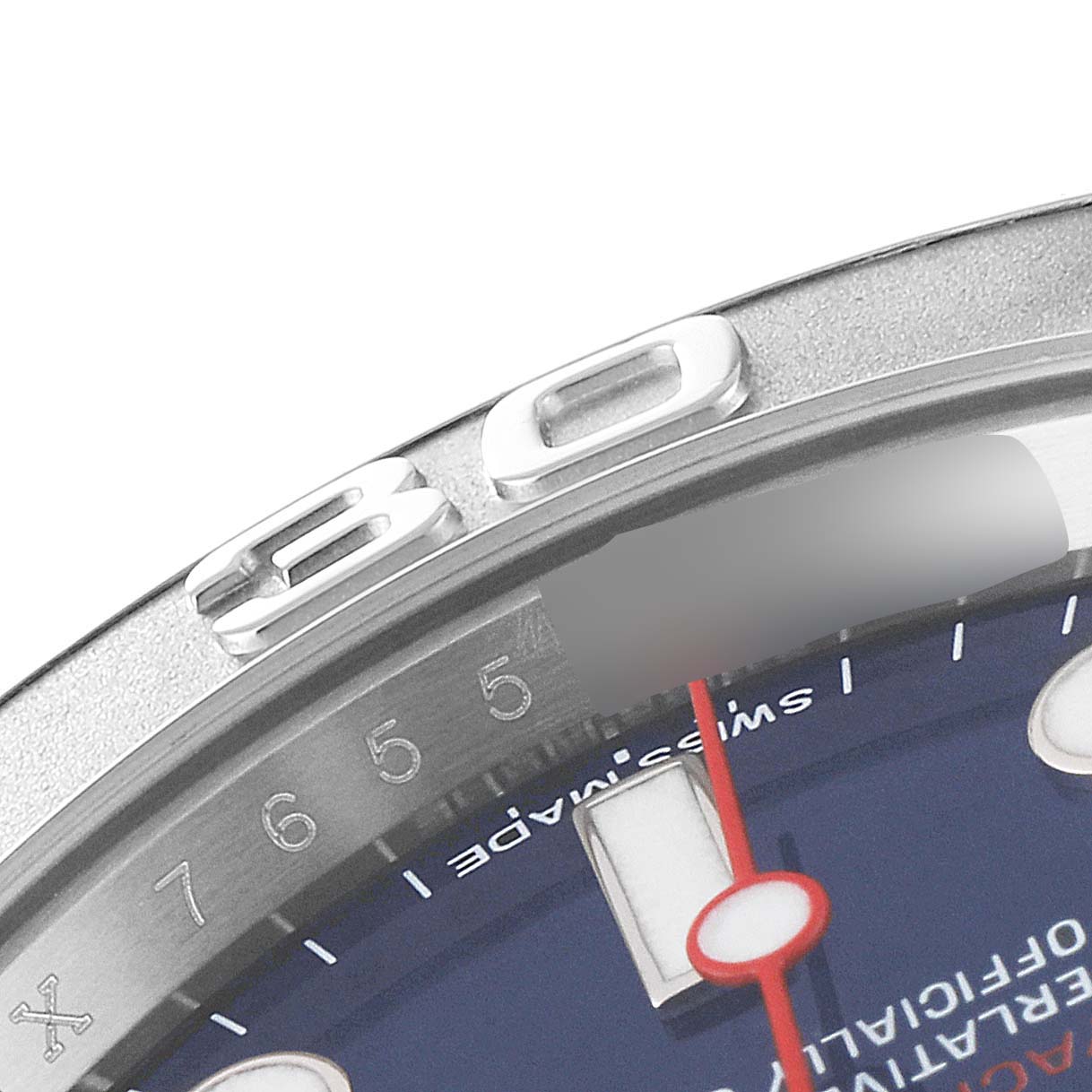 Close-up of the bezel and partial dial of a Rolex Yacht-Master 116622 Men
s Stainless Steel Blue Dial 116622 Men
s Stainless Steel Blue Dial, showing the minute markers and part of the watch face.
