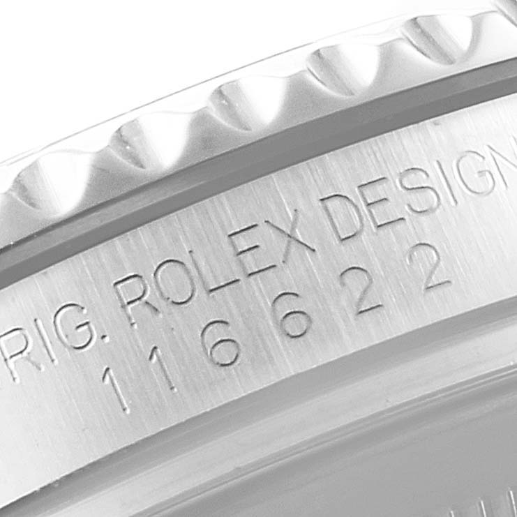 The image shows a close-up of the engraved case side with model numbers of a Rolex Yacht-Master 116622 Men
s Stainless Steel Blue Dial 116622 Men
s Stainless Steel Blue Dial watch.