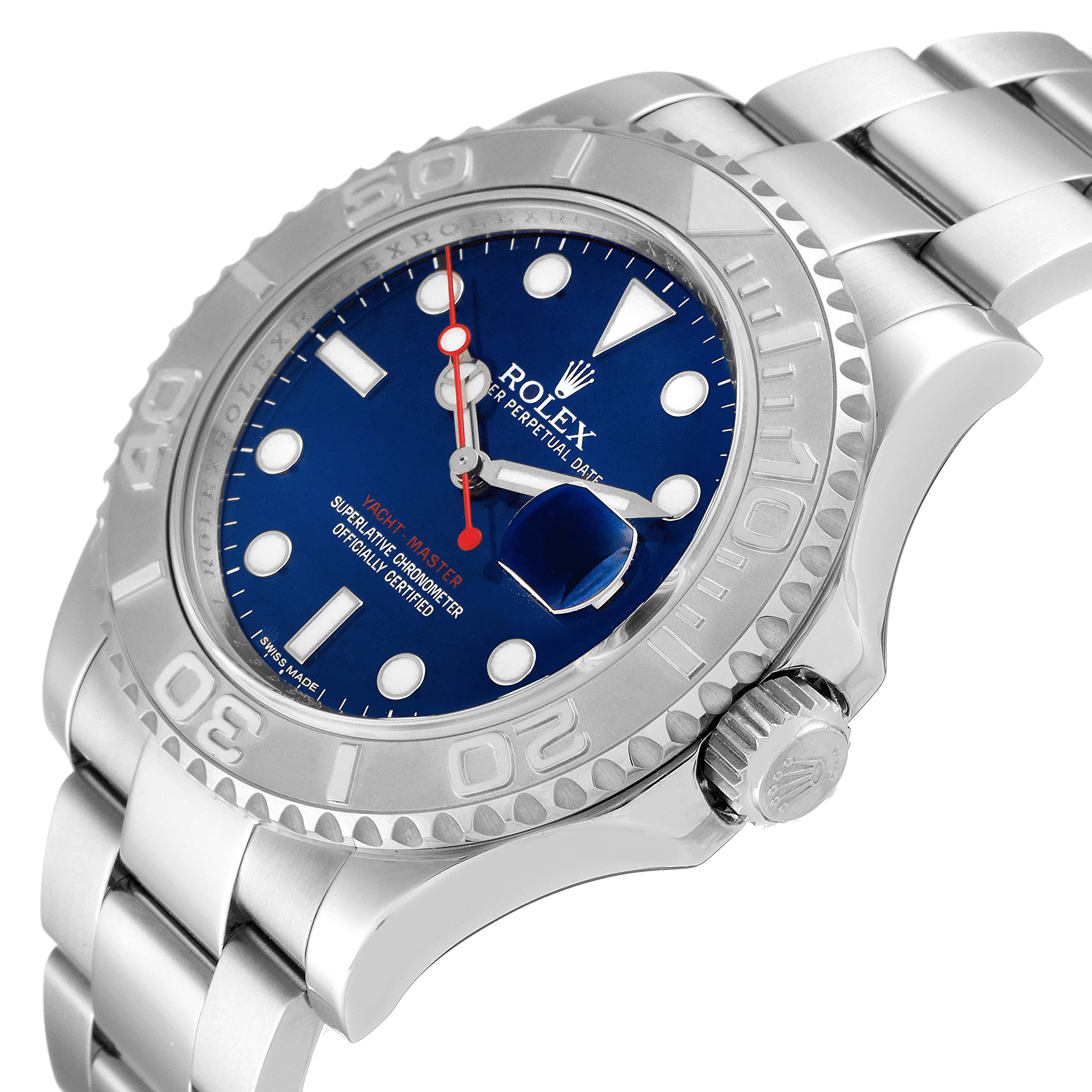 The image shows a close-up angled view of the Rolex Yacht-Master 116622 Men
s Stainless Steel Blue Dial 116622 Men
s Stainless Steel Blue Dial watch, highlighting the dial, bezel, and bracelet.