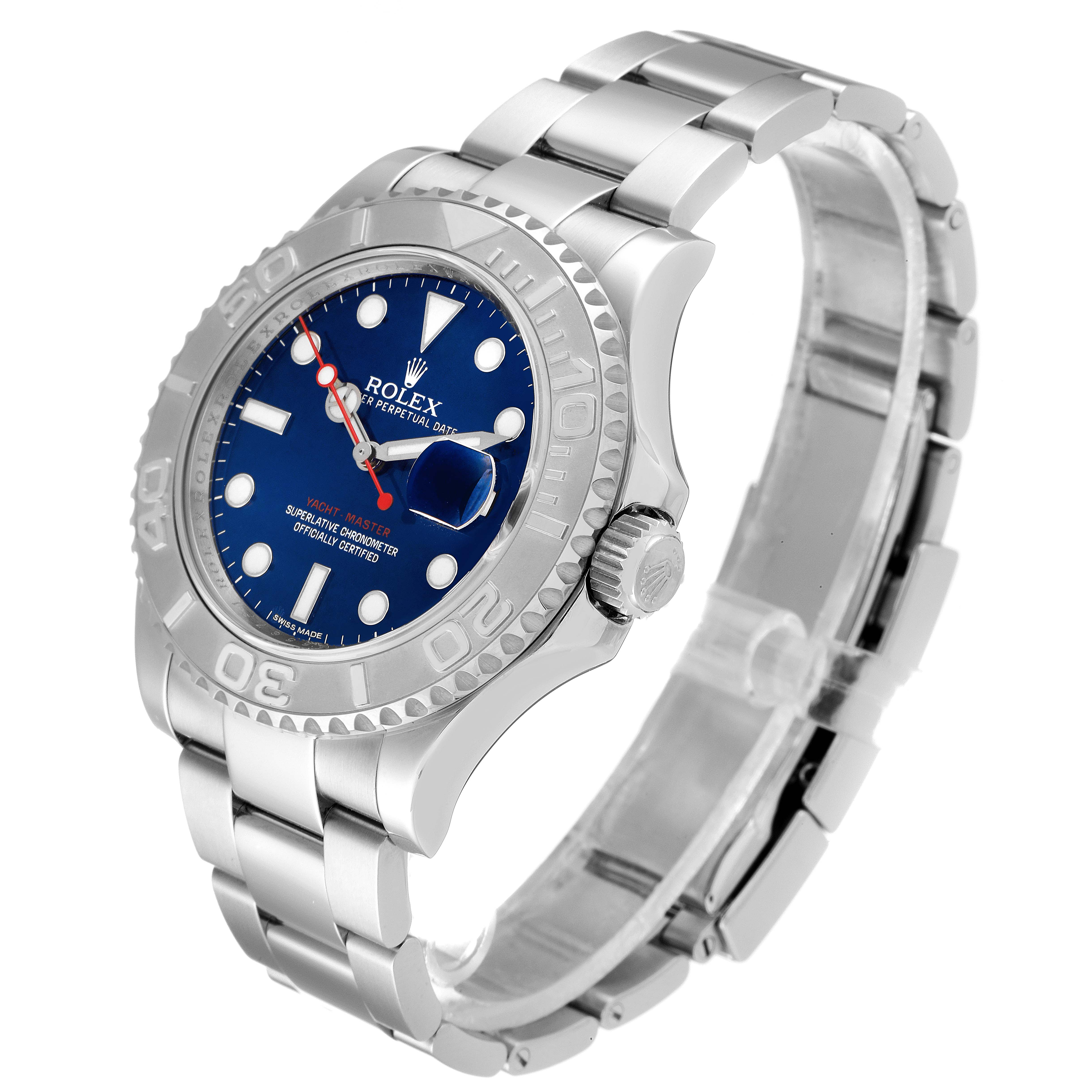 The Rolex Yacht-Master 116622 Men
s Stainless Steel Blue Dial 116622 Men
s Stainless Steel Blue Dial watch is shown at a three-quarter angle, featuring the face, bezel, bracelet, and crown.