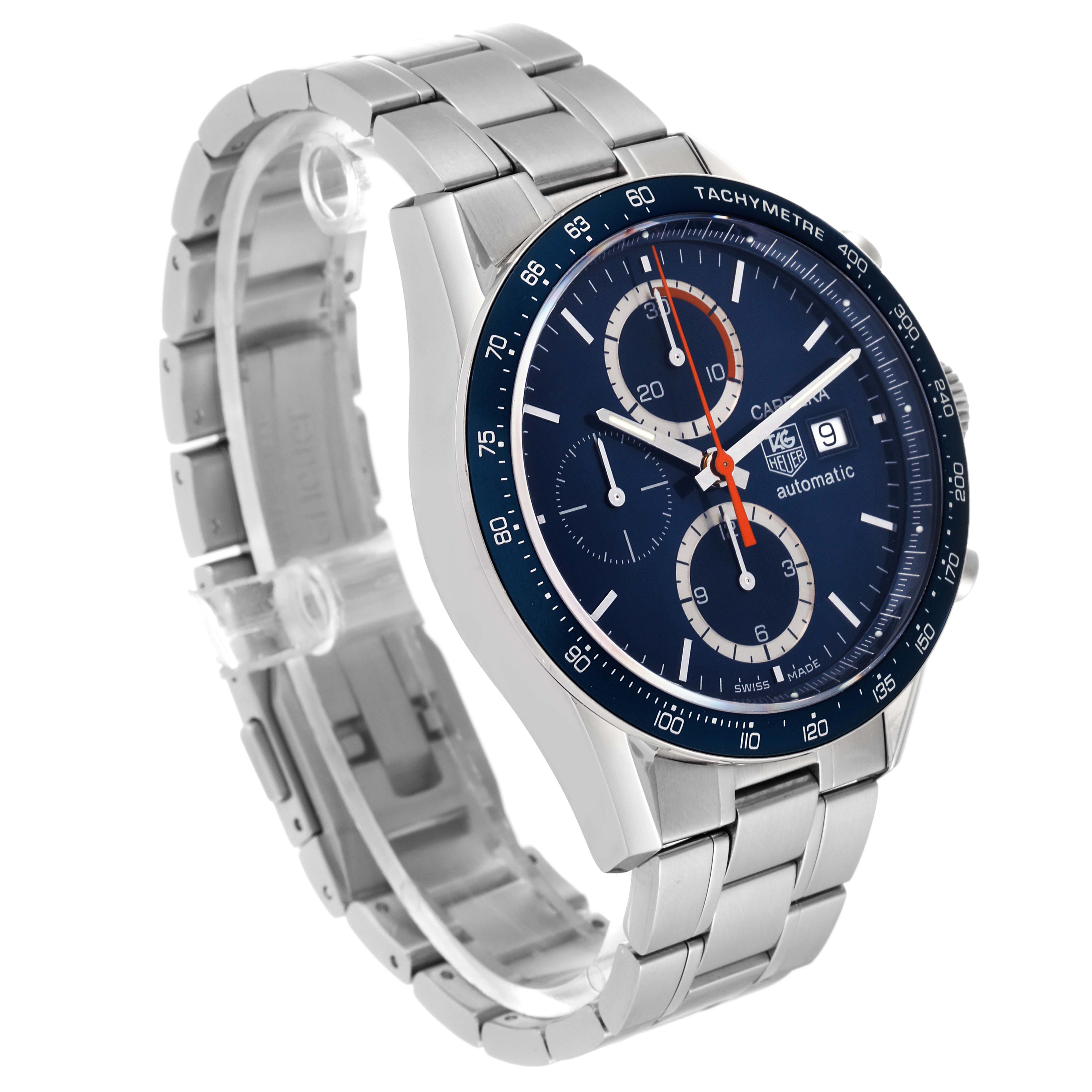 The image shows an angled view of the Tag Heuer Carrera CV2015 Men's Stainless Steel Blue Dial CV2015 Men's Stainless Steel Blue Dial watch, highlighting its stainless steel bracelet and blue dial with chronograph features.