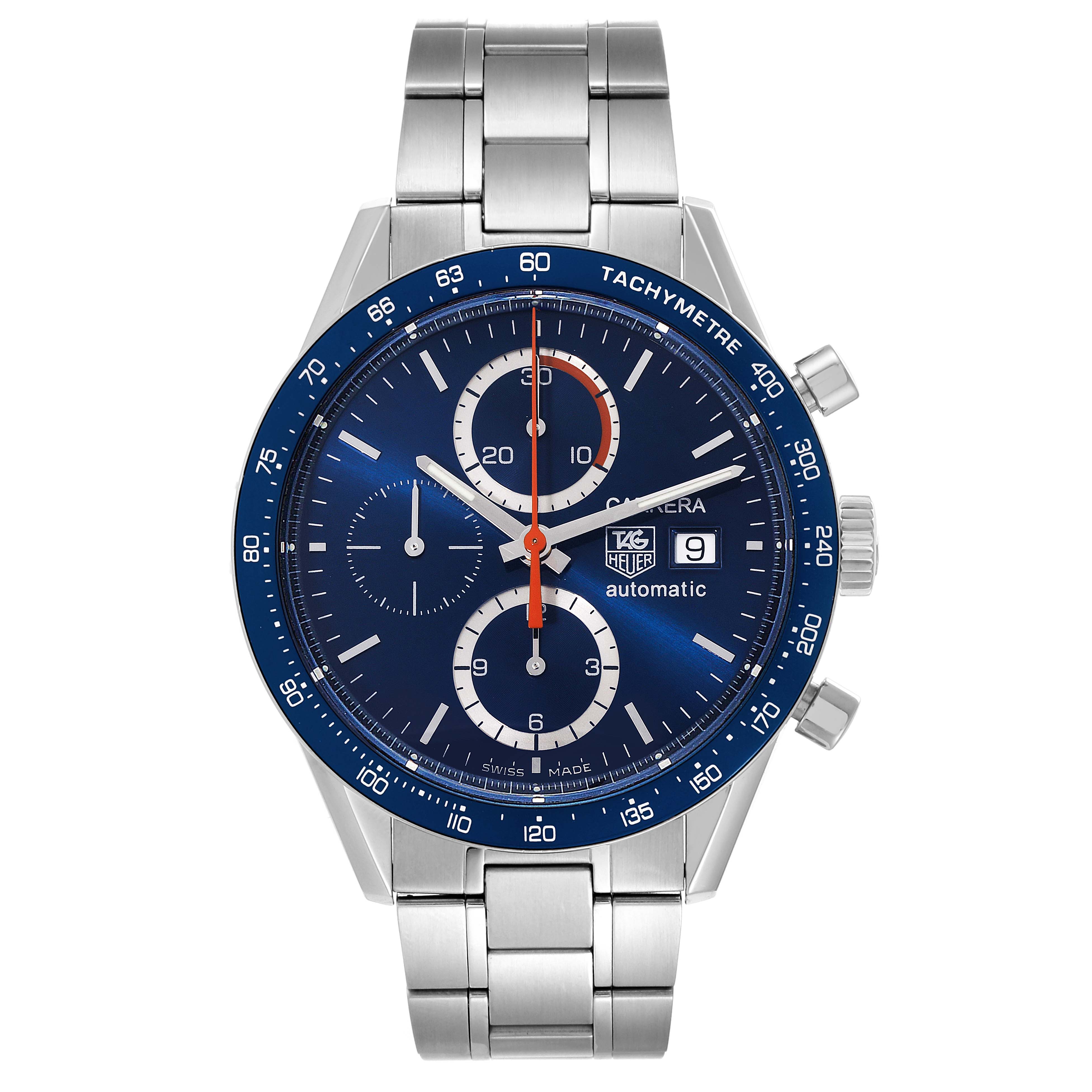 This image shows a full frontal view of a Tag Heuer Carrera CV2015 Men's Stainless Steel Blue Dial CV2015 Men's Stainless Steel Blue Dial model watch with a metal bracelet and blue dial.