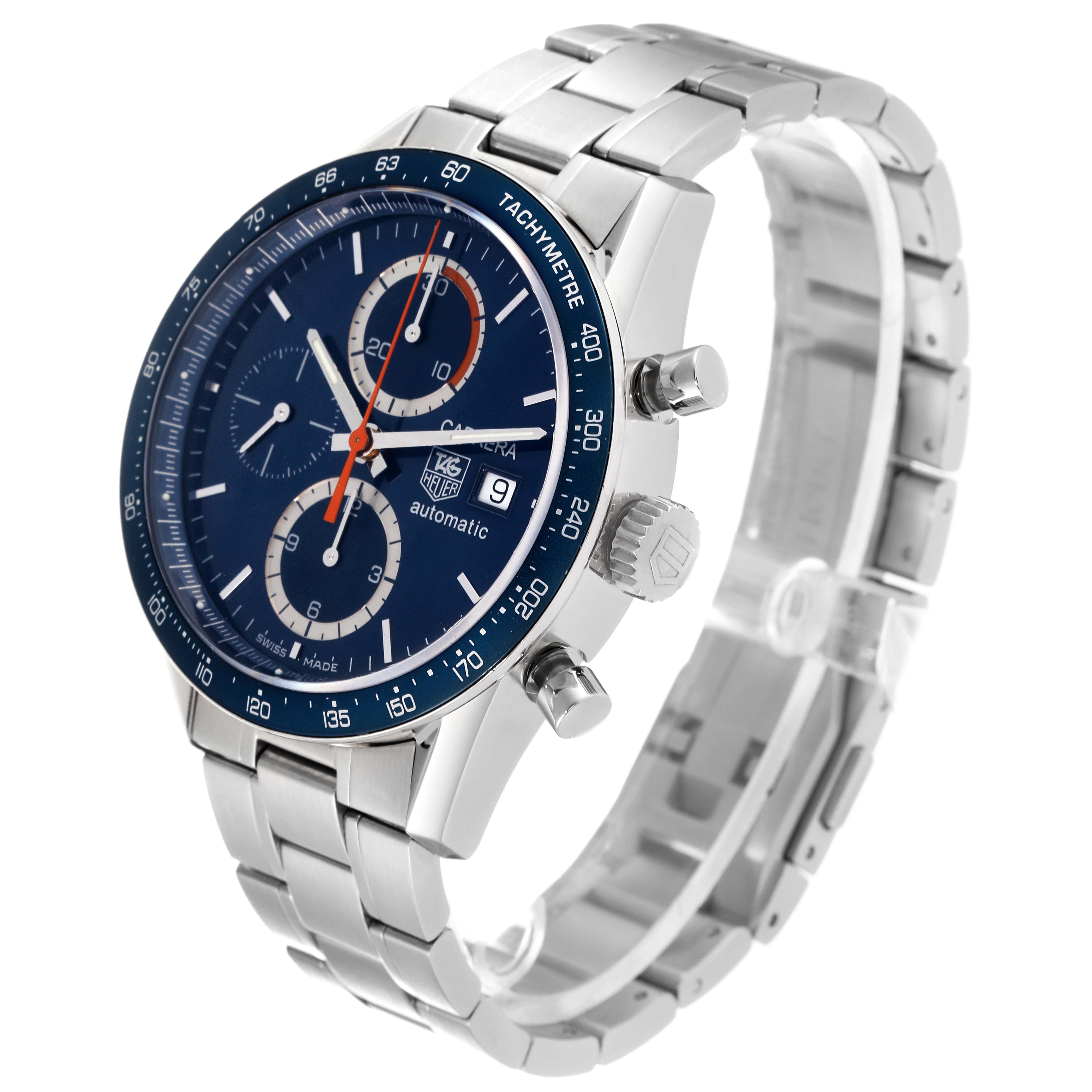 The image shows a Tag Heuer Carrera CV2015 Men's Stainless Steel Blue Dial CV2015 Men's Stainless Steel Blue Dial watch at a 3/4 angle, highlighting the face, bezel, and stainless steel bracelet.