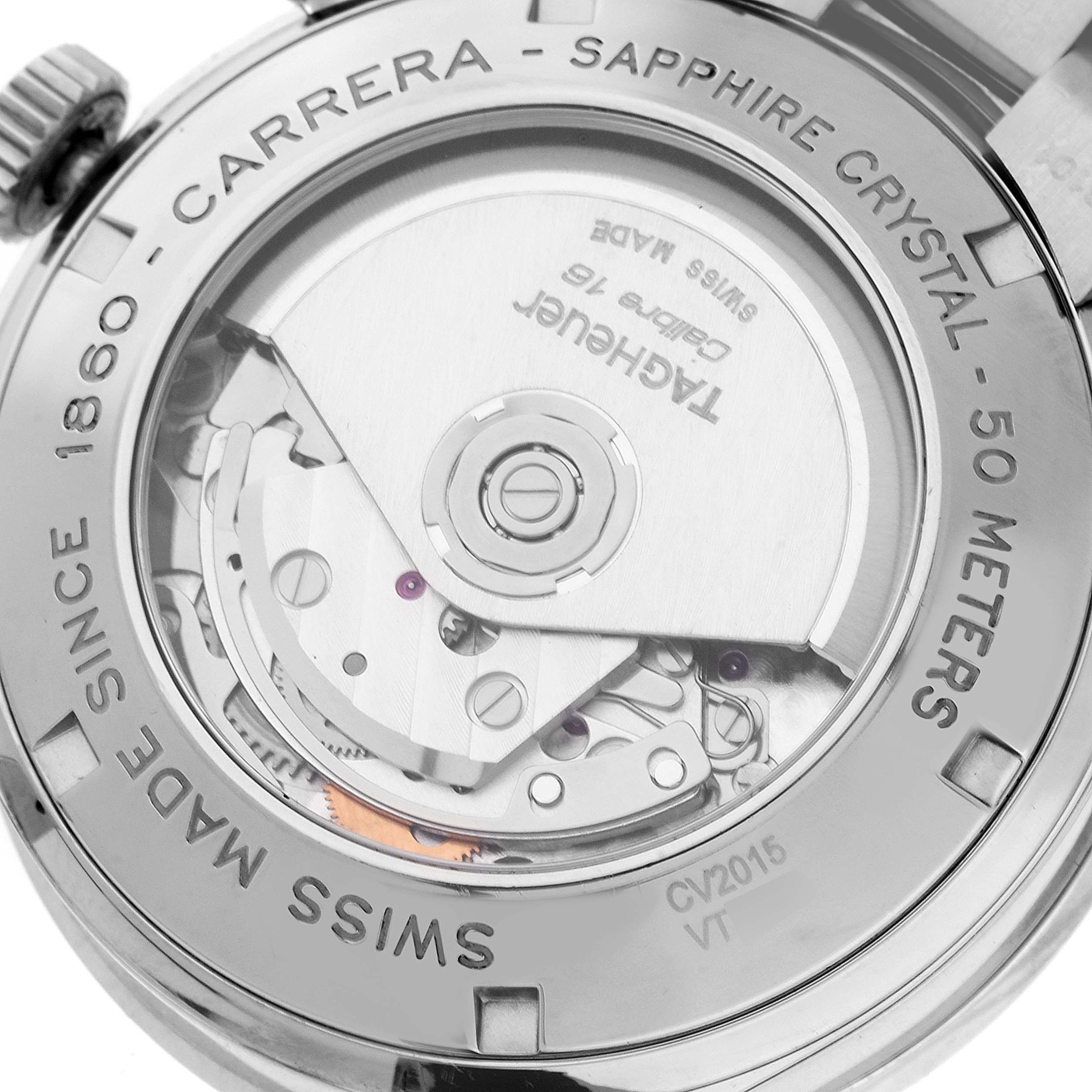 The image shows the back of a Tag Heuer Carrera CV2015 Men's Stainless Steel Blue Dial CV2015 Men's Stainless Steel Blue Dial watch, highlighting its internal mechanism and the engraved details on the case.
