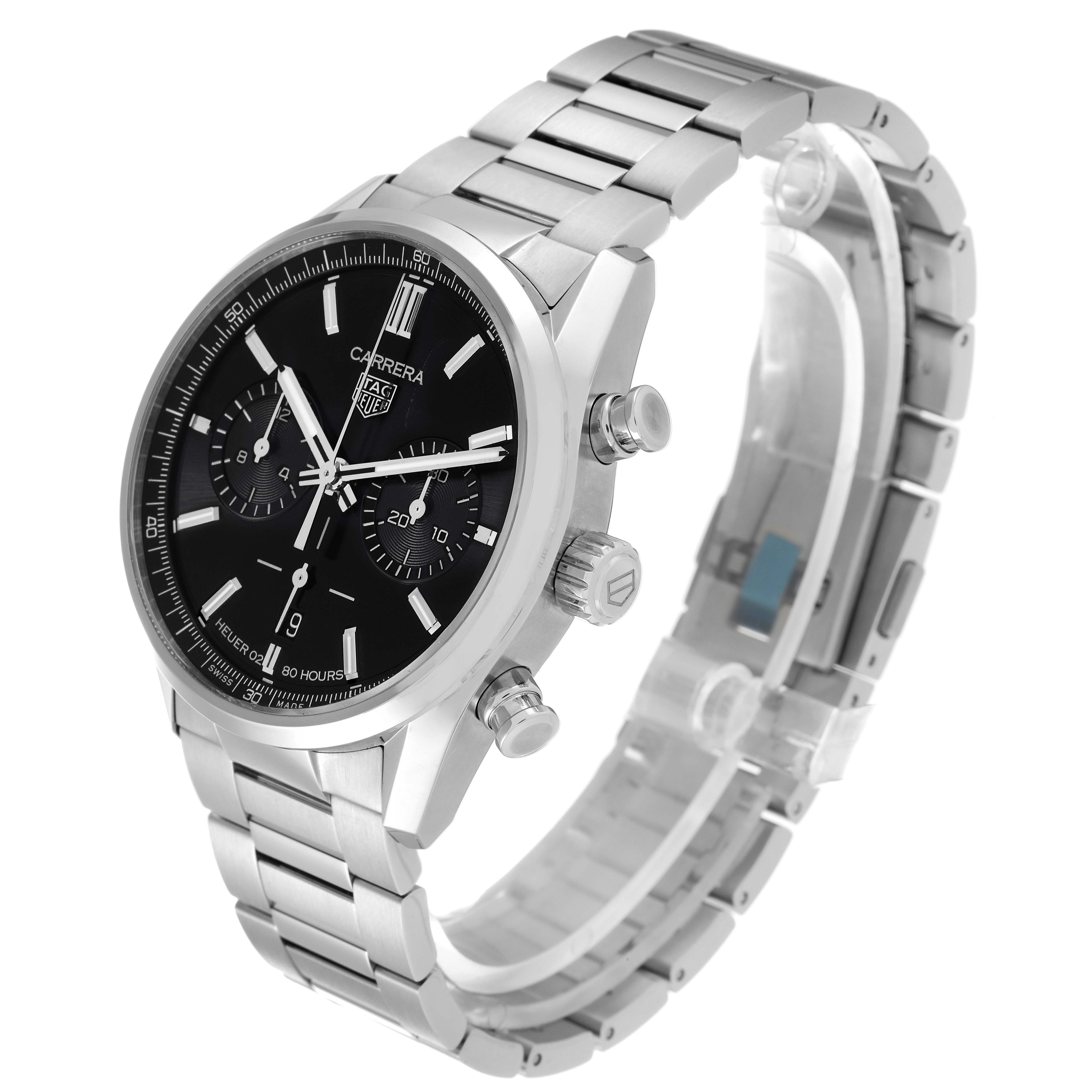 The image shows a Tag Heuer Carrera CBN2010.BA0642 Men's Stainless Steel Black Dial CBN2010.BA0642 Men's Stainless Steel Black Dial watch at a three-quarter angle, displaying the face, side pushers, crown, and metal bracelet.