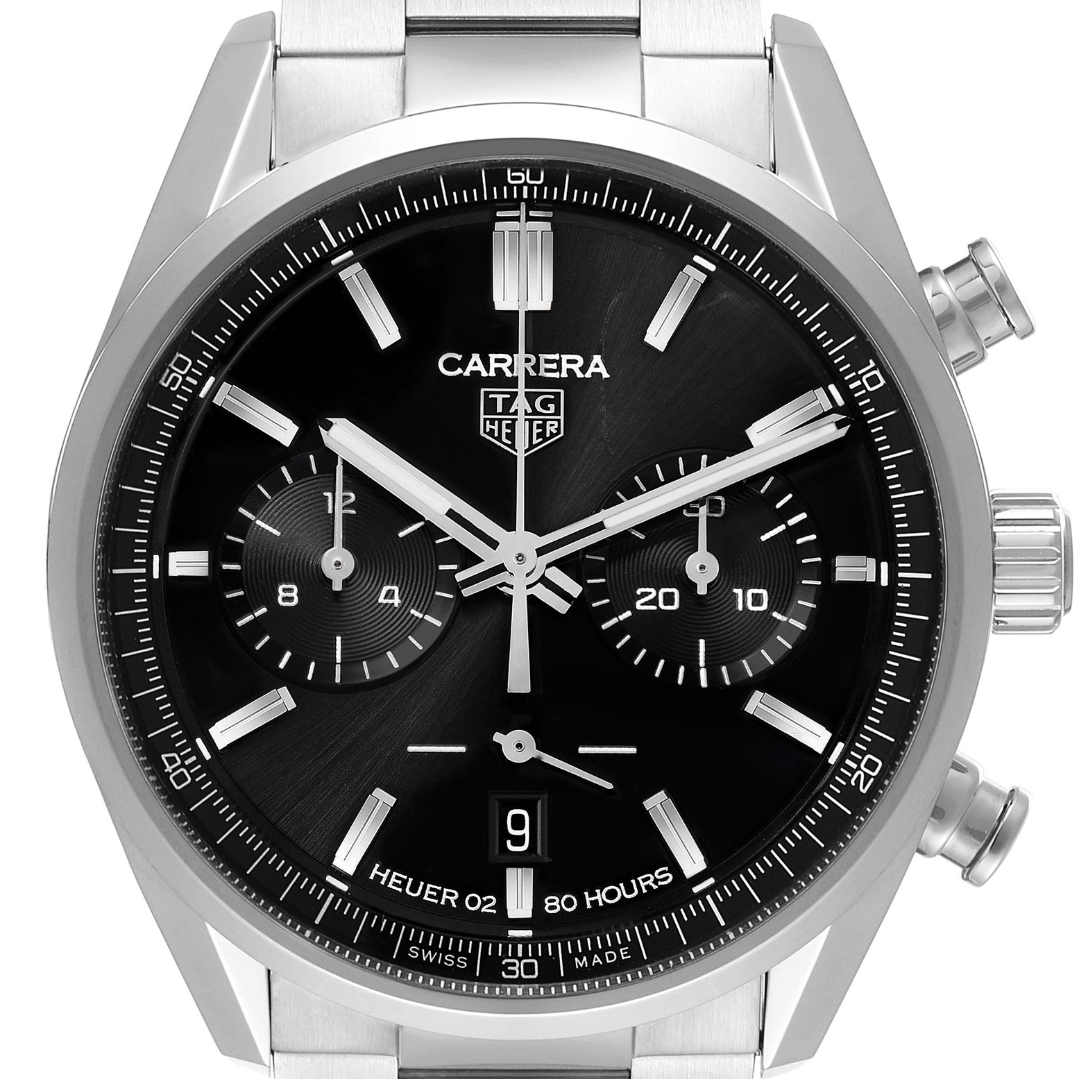 The image shows a front view of the Tag Heuer Carrera CBN2010.BA0642 Men's Stainless Steel Black Dial CBN2010.BA0642 Men's Stainless Steel Black Dial watch, highlighting its black dial, subdials, date window, and stainless steel bracelet.