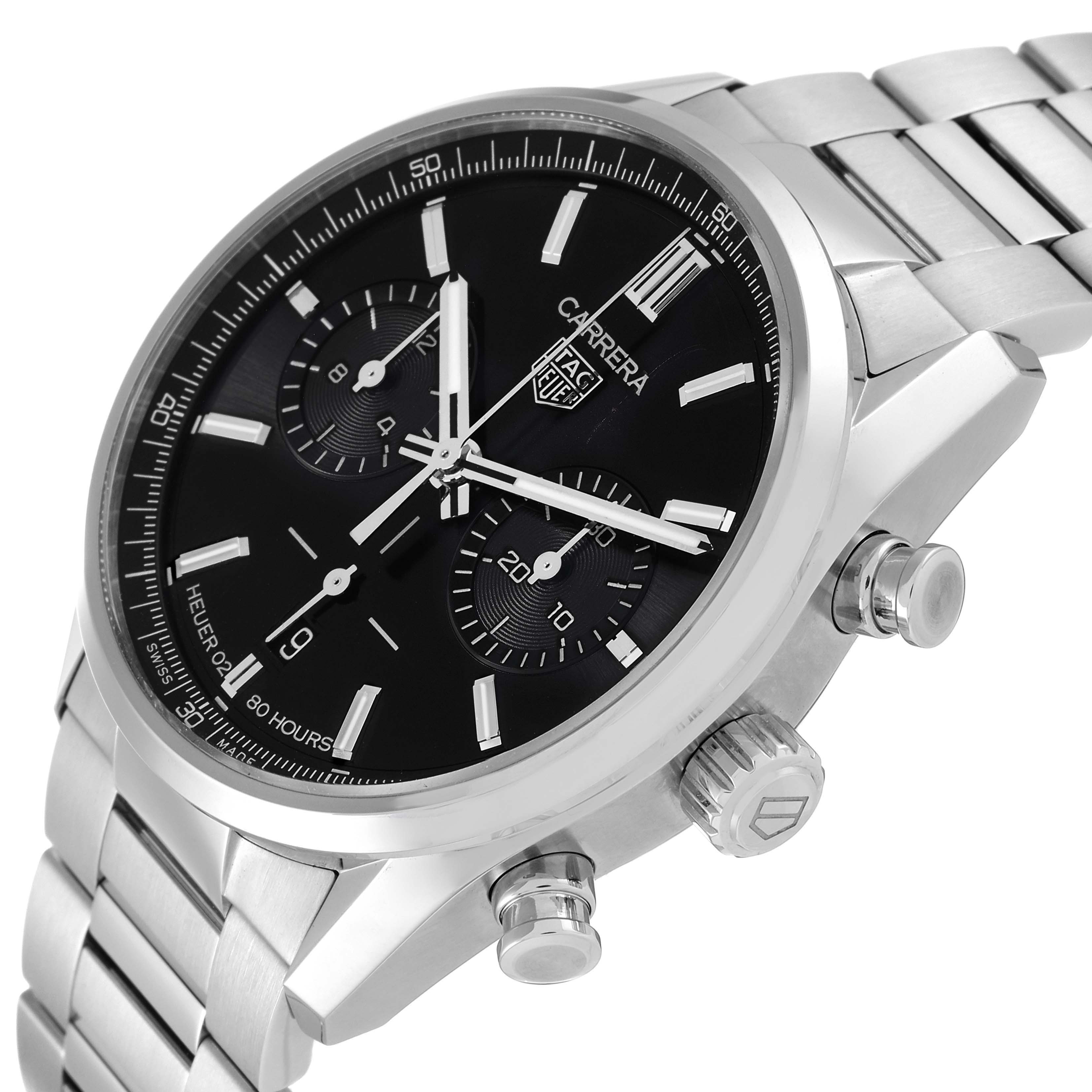 The Tag Heuer Carrera CBN2010.BA0642 Men's Stainless Steel Black Dial CBN2010.BA0642 Men's Stainless Steel Black Dial watch is shown at an angled close-up, displaying the dial, chronograph subdials, and side buttons.