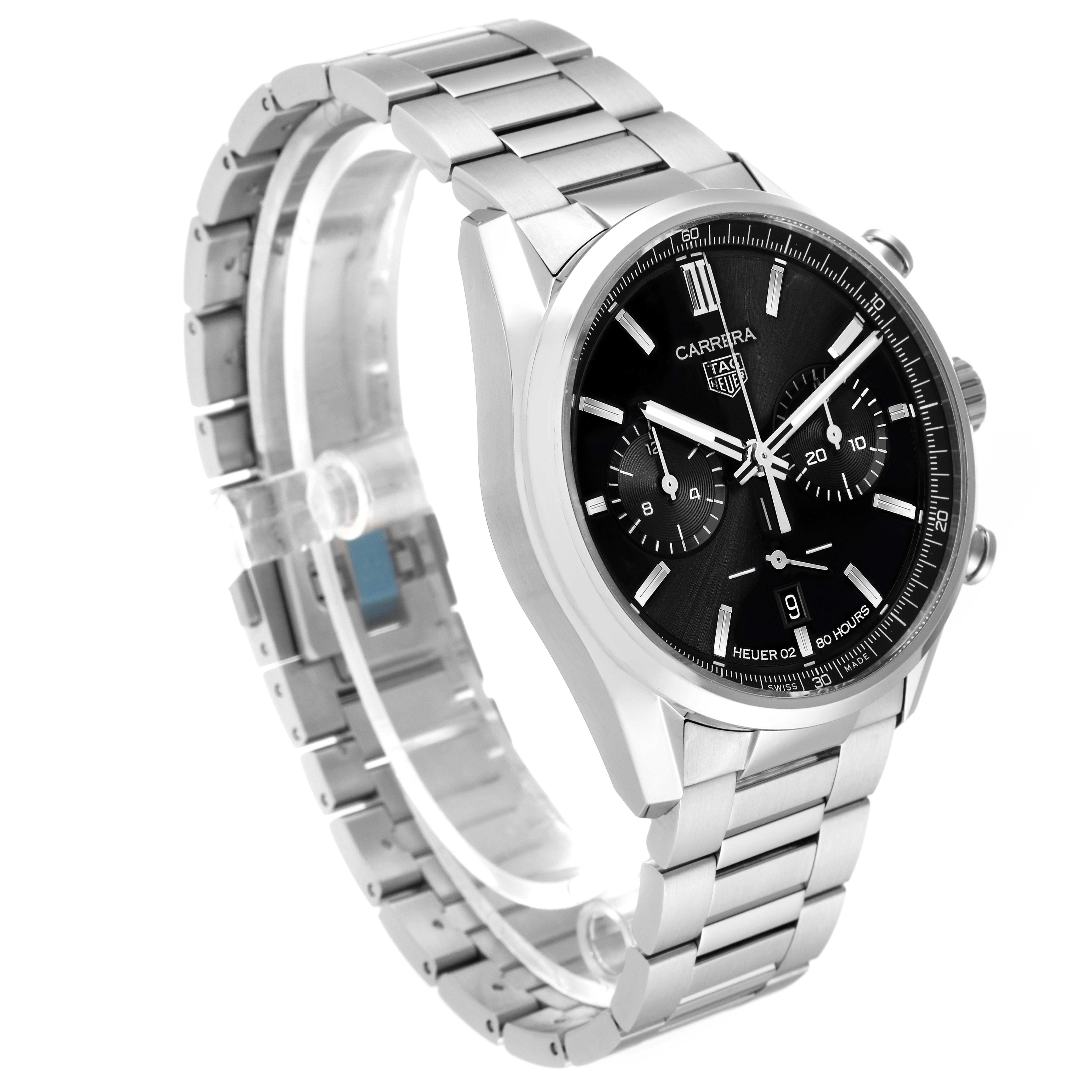 The image shows a side and front angle of the Tag Heuer Carrera CBN2010.BA0642 Men's Stainless Steel Black Dial CBN2010.BA0642 Men's Stainless Steel Black Dial watch, highlighting its bezel, dial, and stainless steel bracelet.