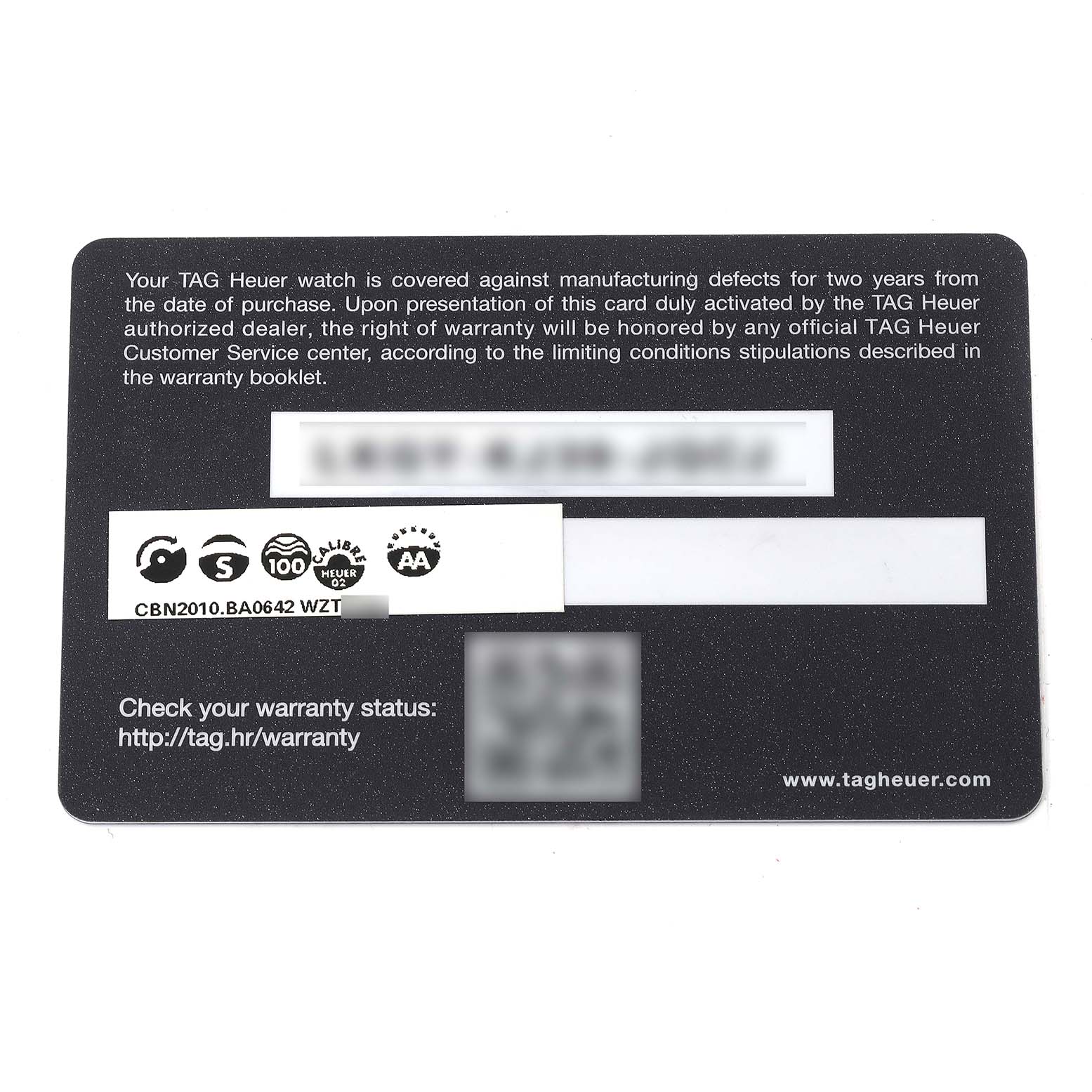 The image shows a warranty card for the Tag Heuer Carrera CBN2010.BA0642 Men's Stainless Steel Black Dial CBN2010.BA0642 Men's Stainless Steel Black Dial model watch.