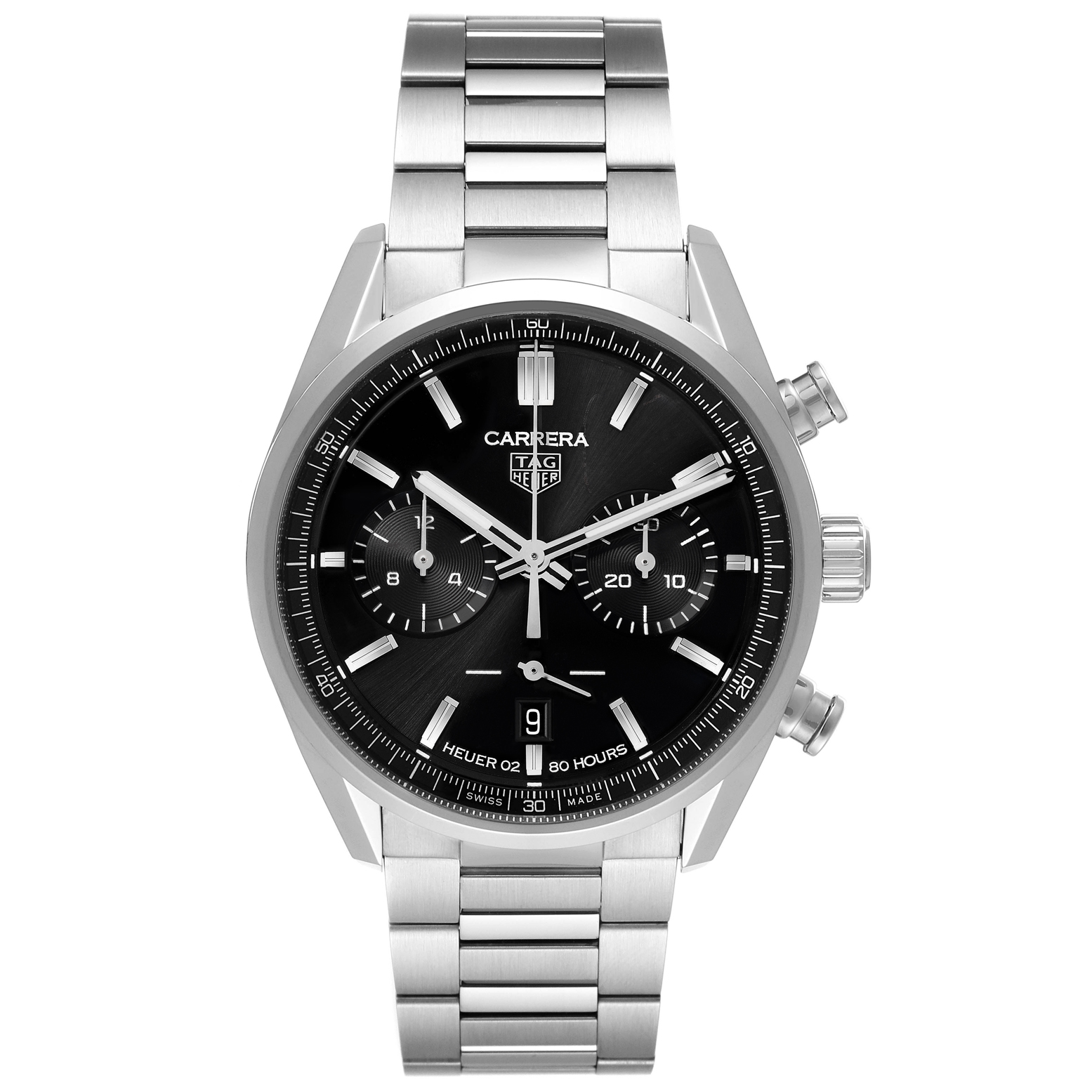 The image shows a frontal view of the Tag Heuer Carrera CBN2010.BA0642 Men's Stainless Steel Black Dial CBN2010.BA0642 Men's Stainless Steel Black Dial watch, displaying its dial, hands, subdials, and bracelet.