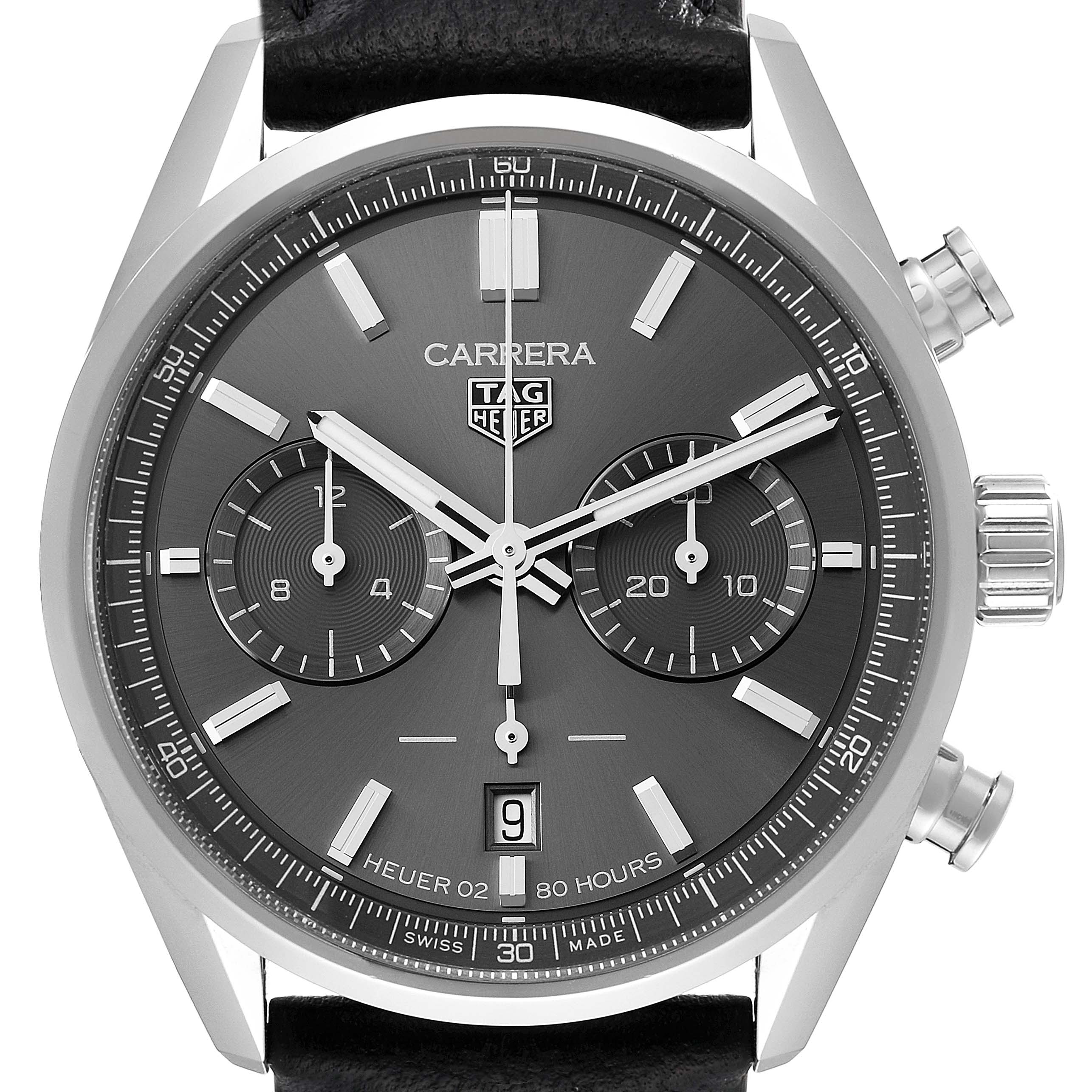 The image shows a front view of the Tag Heuer Carrera CBN2012.FC6483 Men's Stainless Steel Grey Dial CBN2012.FC6483 Men's Stainless Steel Grey Dial watch, displaying the dial, subdials, crown, and pushers.