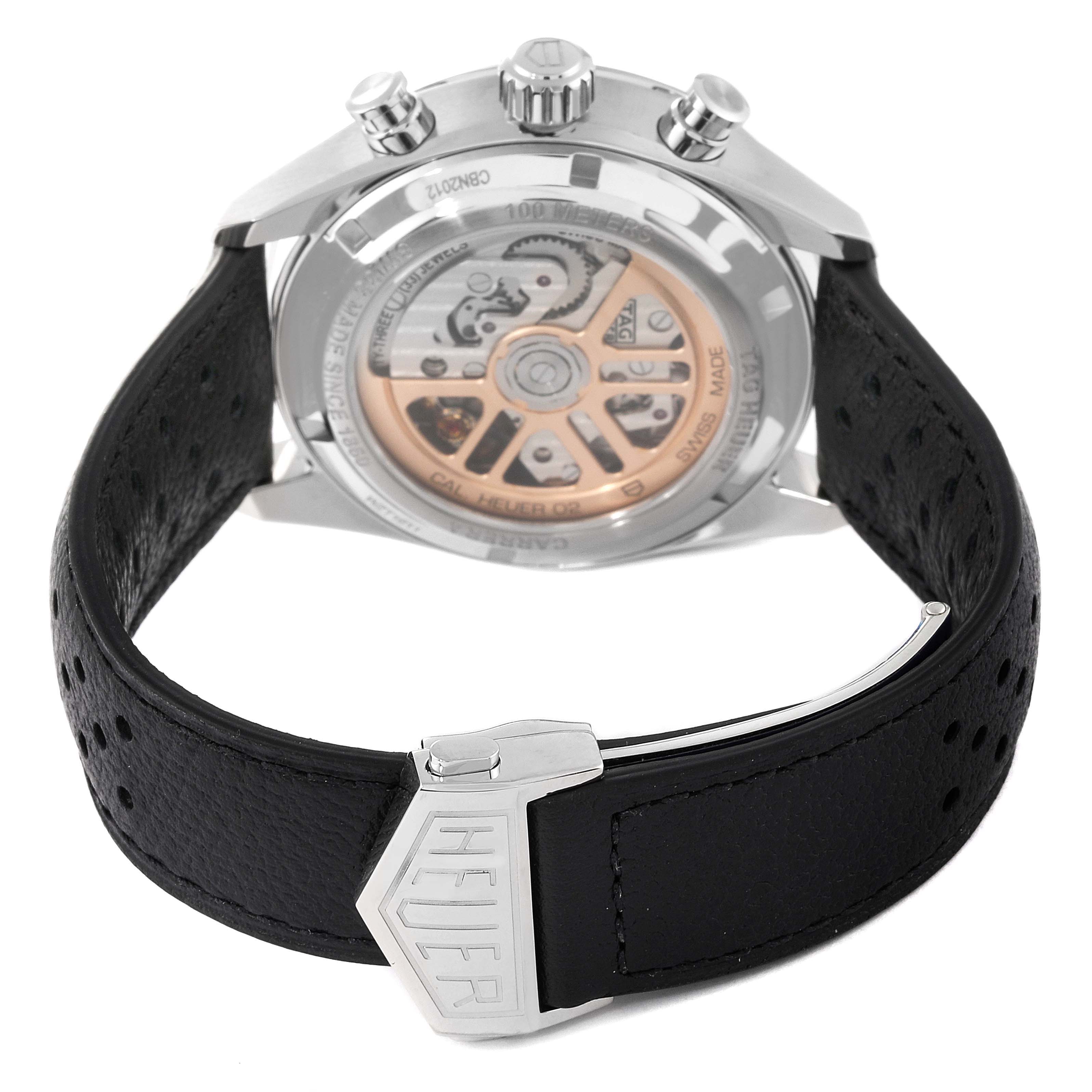 This image shows the reverse side of the Tag Heuer Carrera CBN2012.FC6483 Men's Stainless Steel Grey Dial CBN2012.FC6483 Men's Stainless Steel Grey Dial watch, highlighting the movement and clasp of the leather strap.